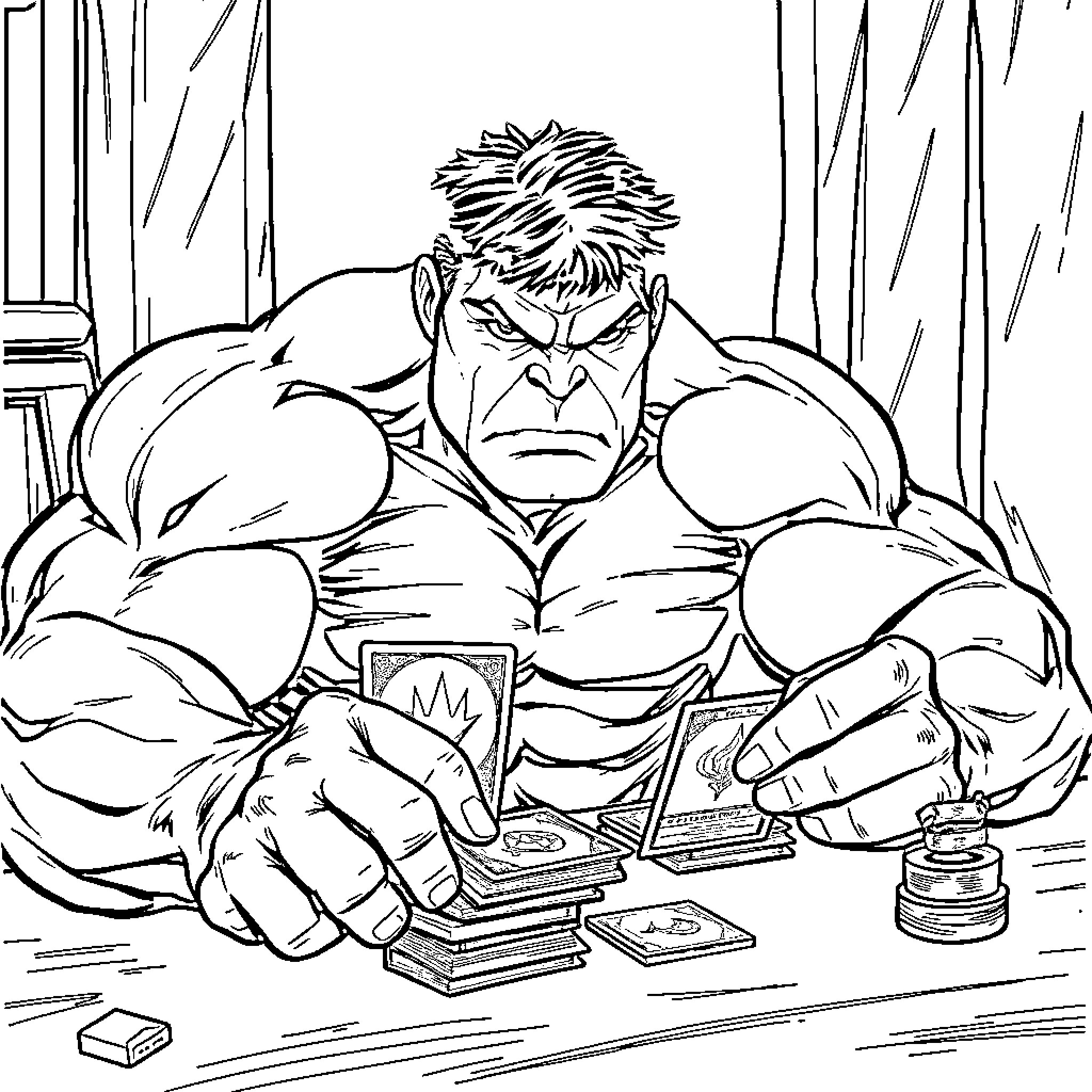 Hulk Counting Cash in Angry Rage Coloring Page (free black-and-white line drawing printable PDF for all, from beginners to advanced learners, including children, teens, adults, and seniors)