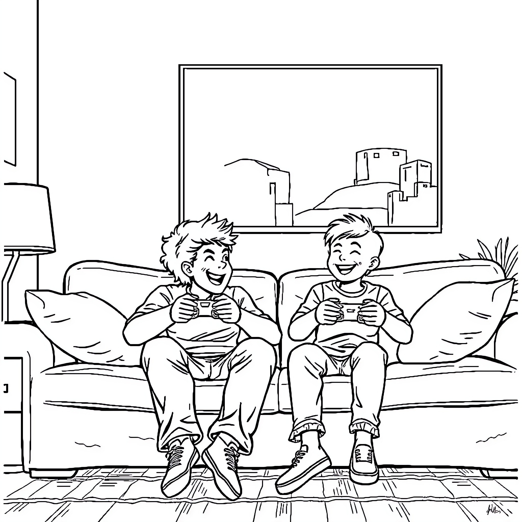 Father and son playing video games together Coloring Page (free black-and-white line drawing printable PDF for all, from beginners to advanced learners, including children, teens, adults, and seniors)