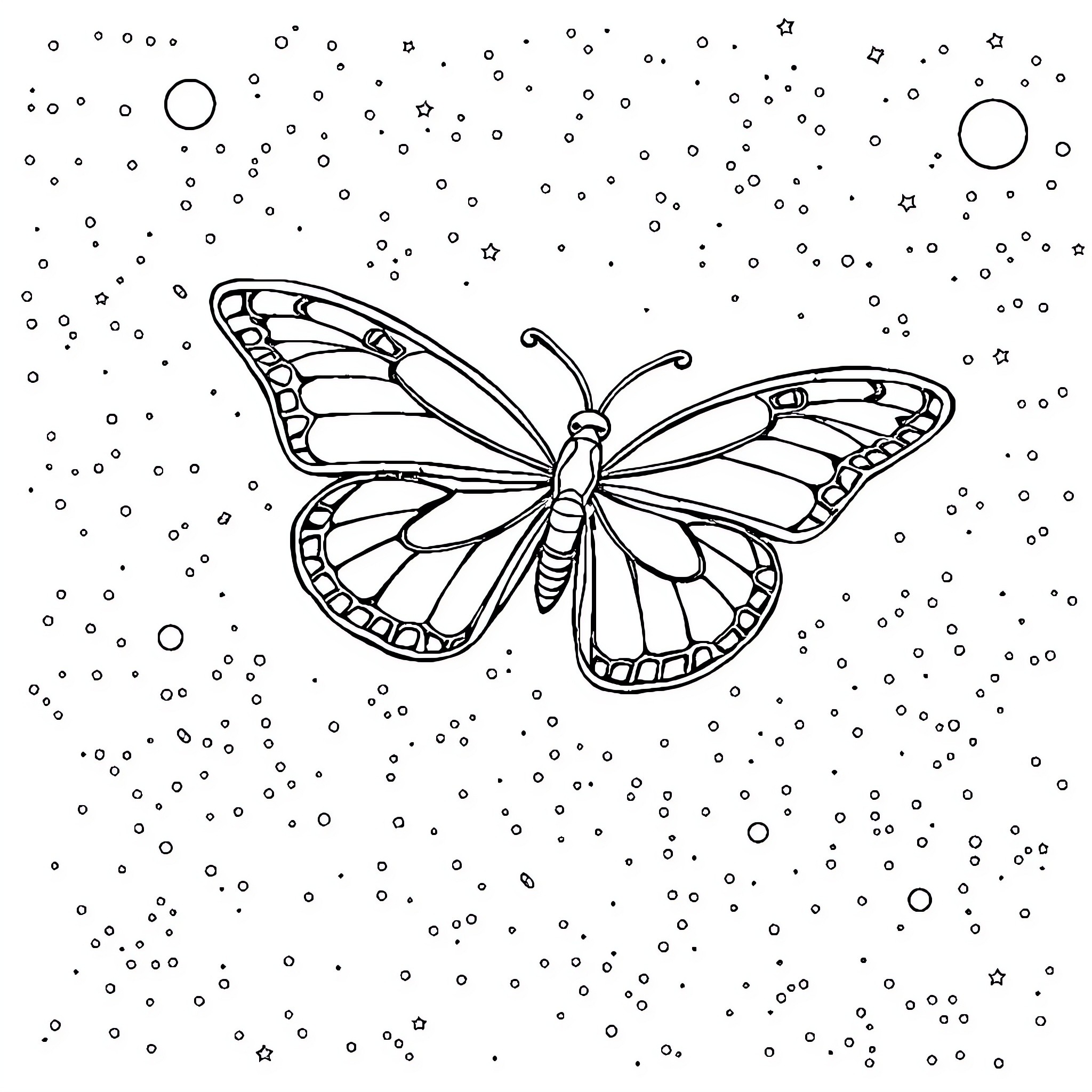 Butterfly flying in the starry night sky Coloring Page (free black-and-white line drawing printable PDF for all, from beginners to advanced learners, including children, teens, adults, and seniors)