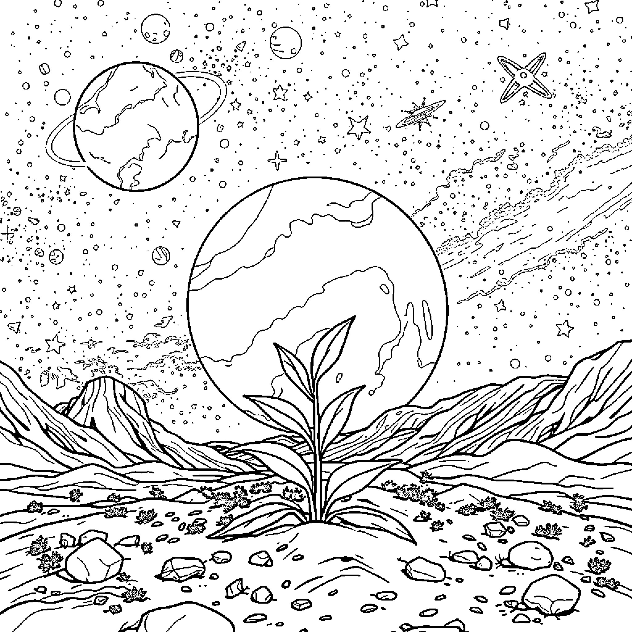 Weed growing in the extraterrestrial landscape Coloring Page (free black-and-white line drawing printable PDF for all, from beginners to advanced learners, including children, teens, adults, and seniors)