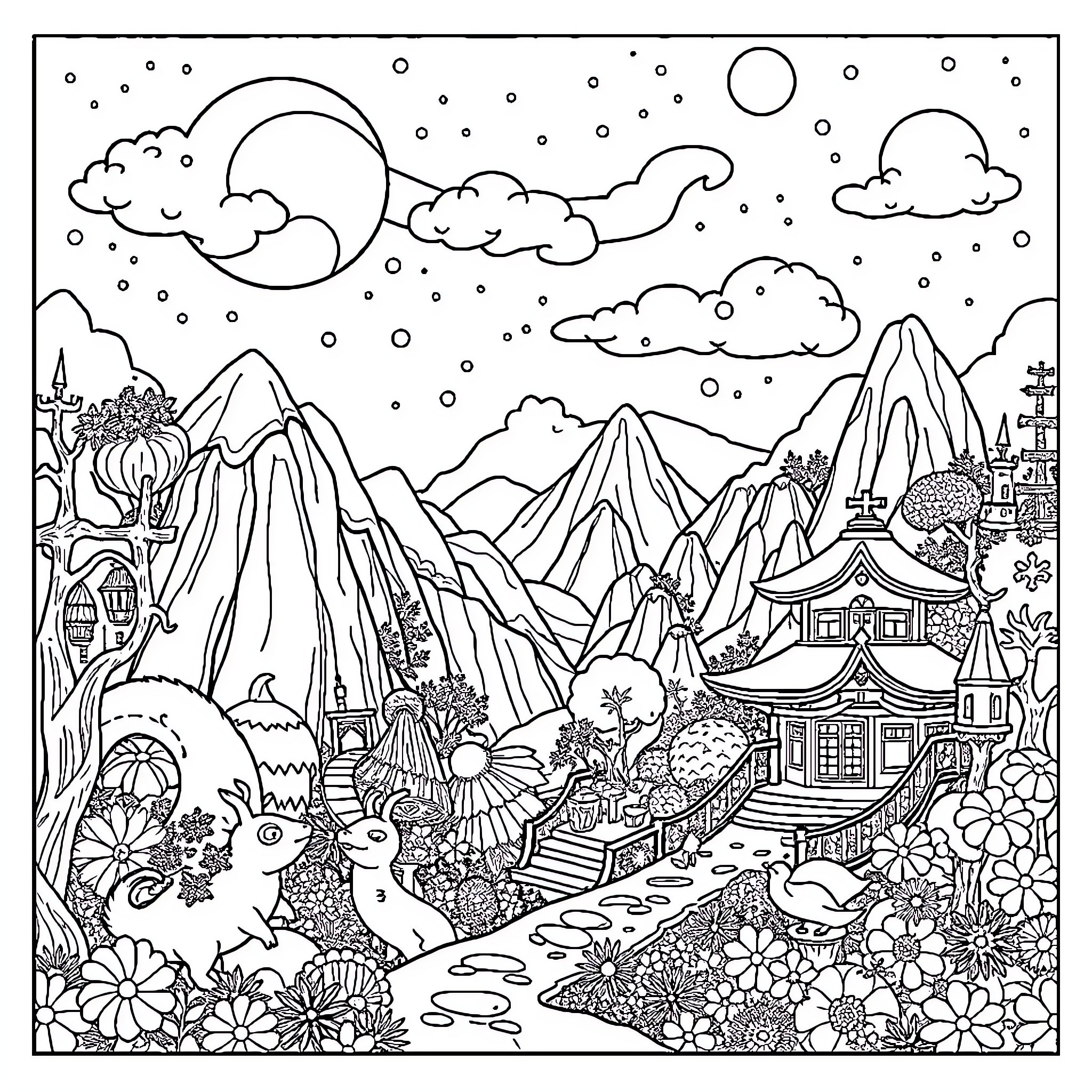 Ghibli-inspired whimsical landscape with moon and clouds Coloring Page (free black-and-white line drawing printable PDF for all, from beginners to advanced learners, including children, teens, adults, and seniors)