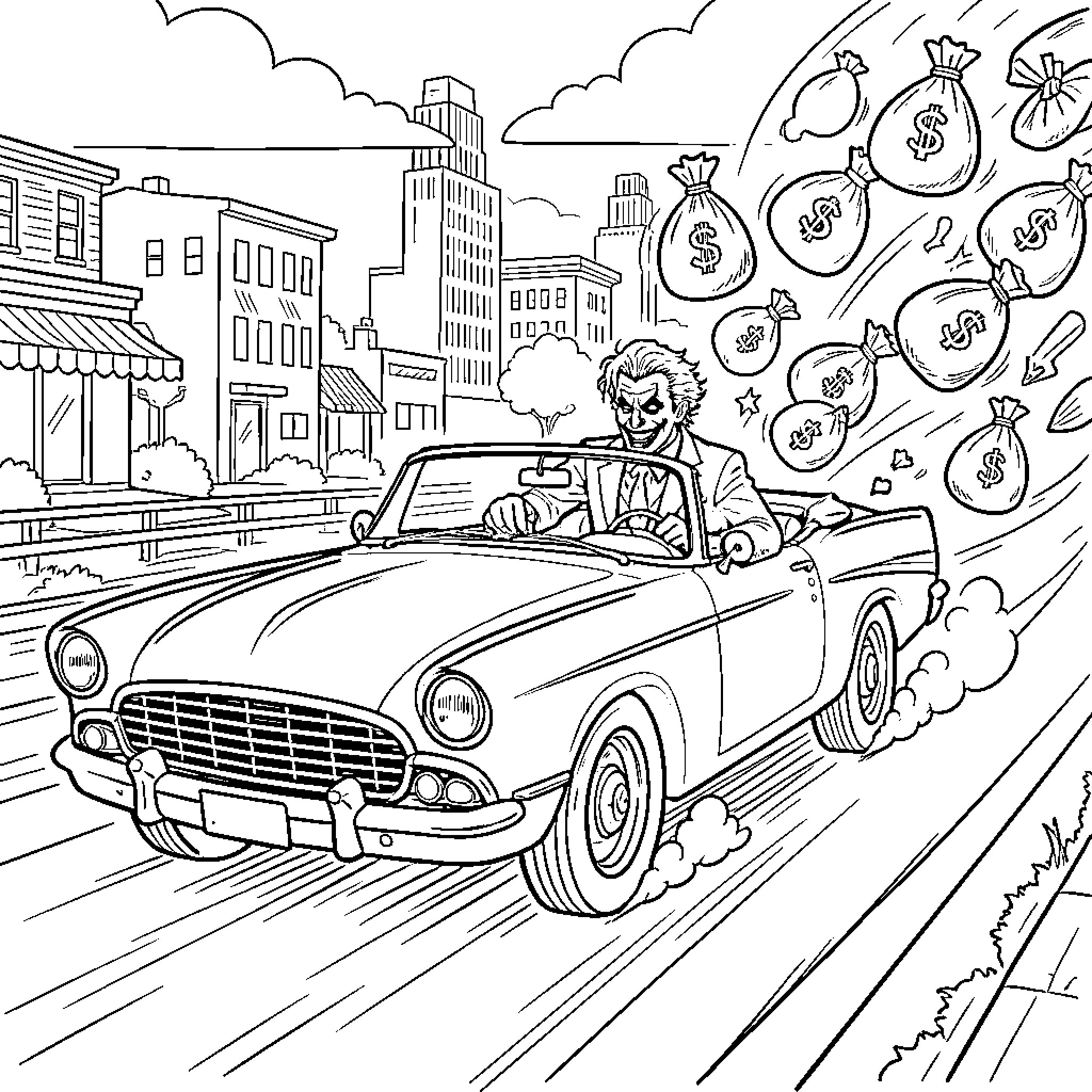 Joker Joyfully Speeds Through the City with Bags of Cash Coloring Page (free black-and-white line drawing printable PDF for all, from beginners to advanced learners, including children, teens, adults, and seniors)