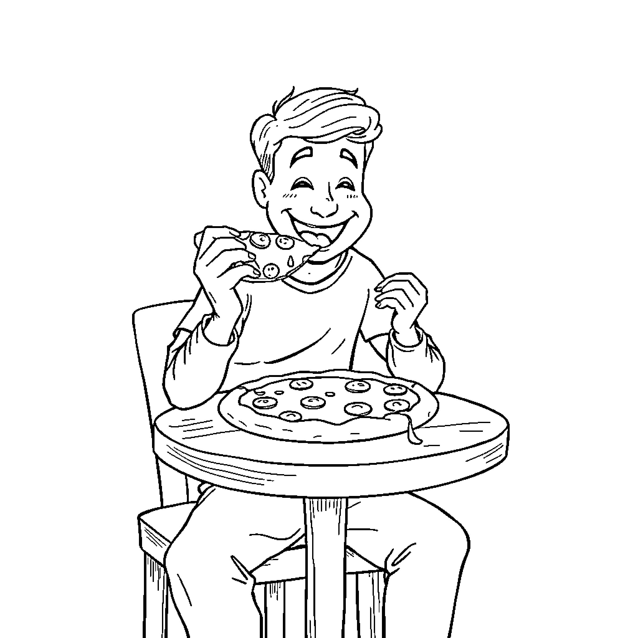 Person enjoying a delicious pizza Coloring Page (free black-and-white line drawing printable PDF for all, from beginners to advanced learners, including children, teens, adults, and seniors)