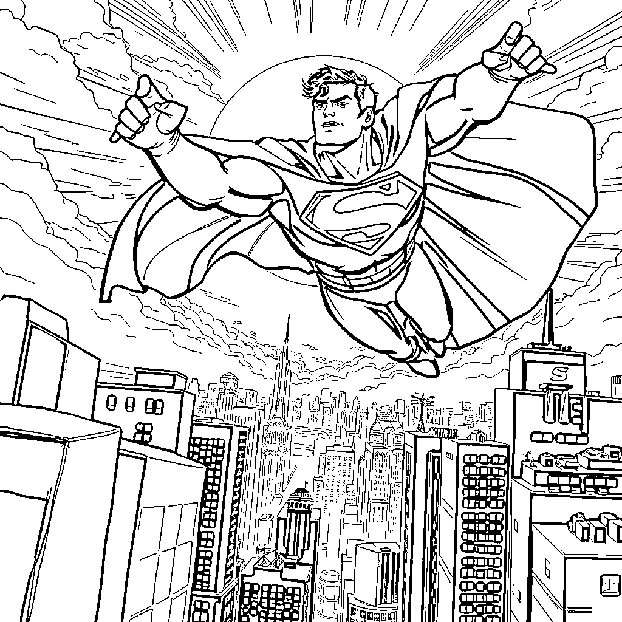 Superman soaring above the city in heroic pose Coloring Page (free black-and-white line drawing printable PDF for all, from beginners to advanced learners, including children, teens, adults, and seniors)