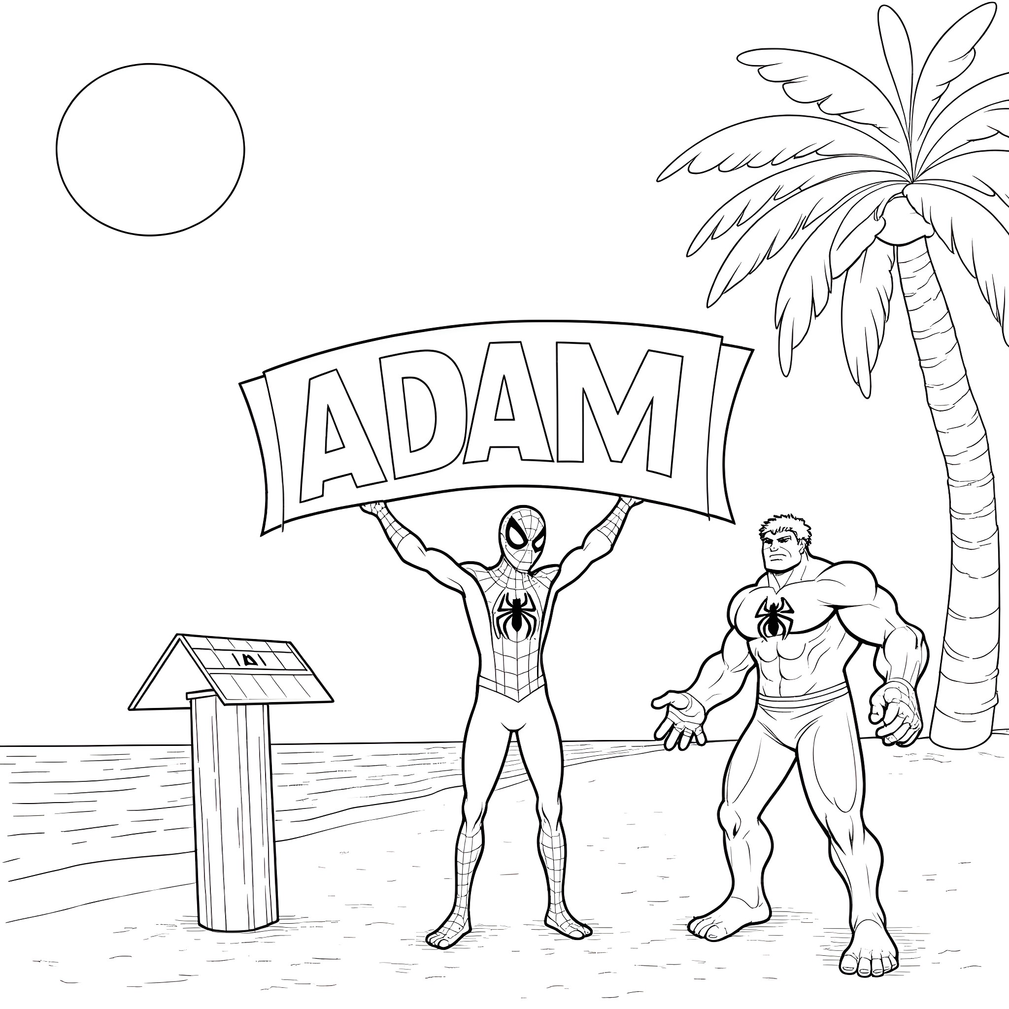 Spiderman and Hulk on a tropical beach Coloring Page (free black-and-white line drawing printable PDF for all, from beginners to advanced learners, including children, teens, adults, and seniors)