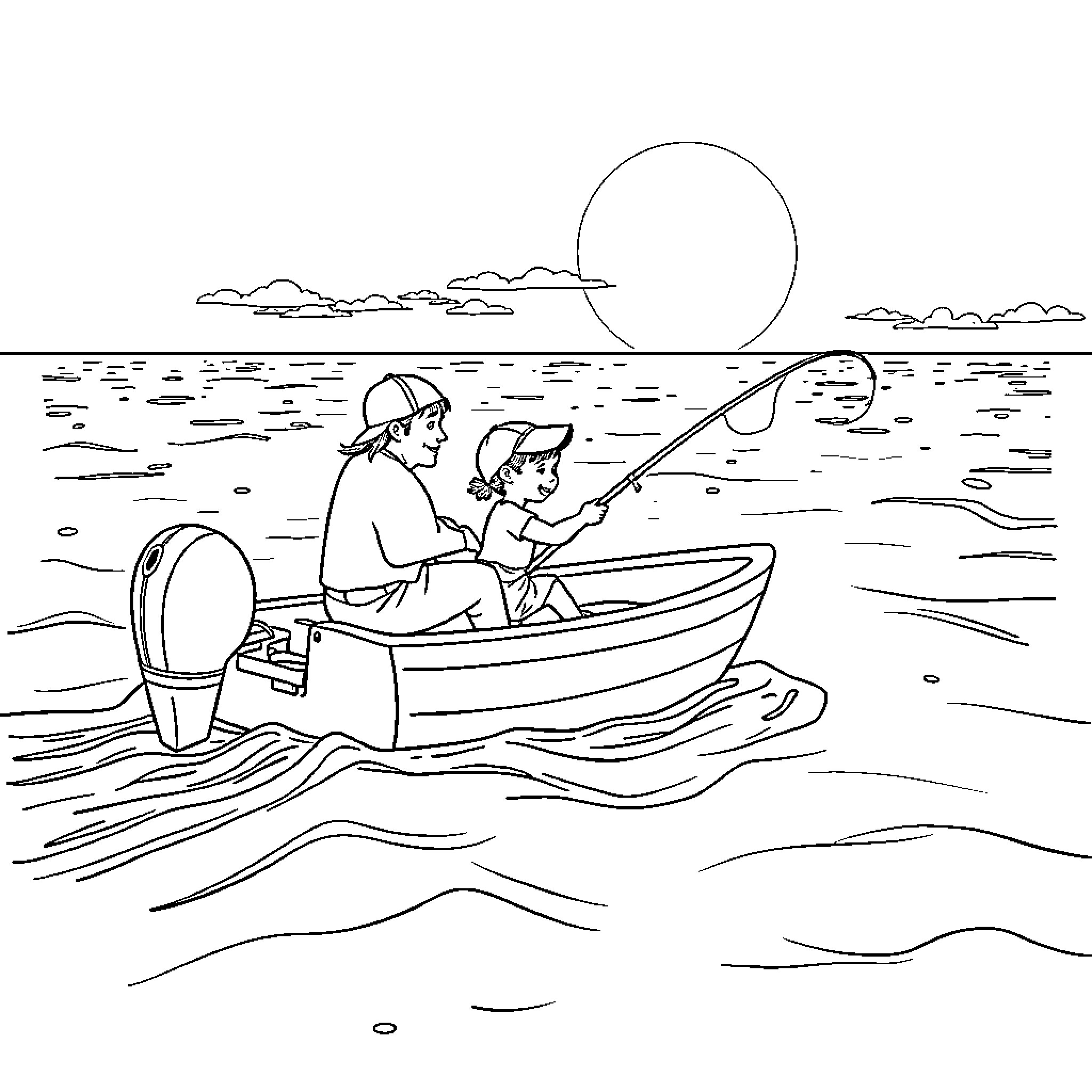 Girl and boy fishing on a boat at sunset Coloring Page (free black-and-white line drawing printable PDF for all, from beginners to advanced learners, including children, teens, adults, and seniors)