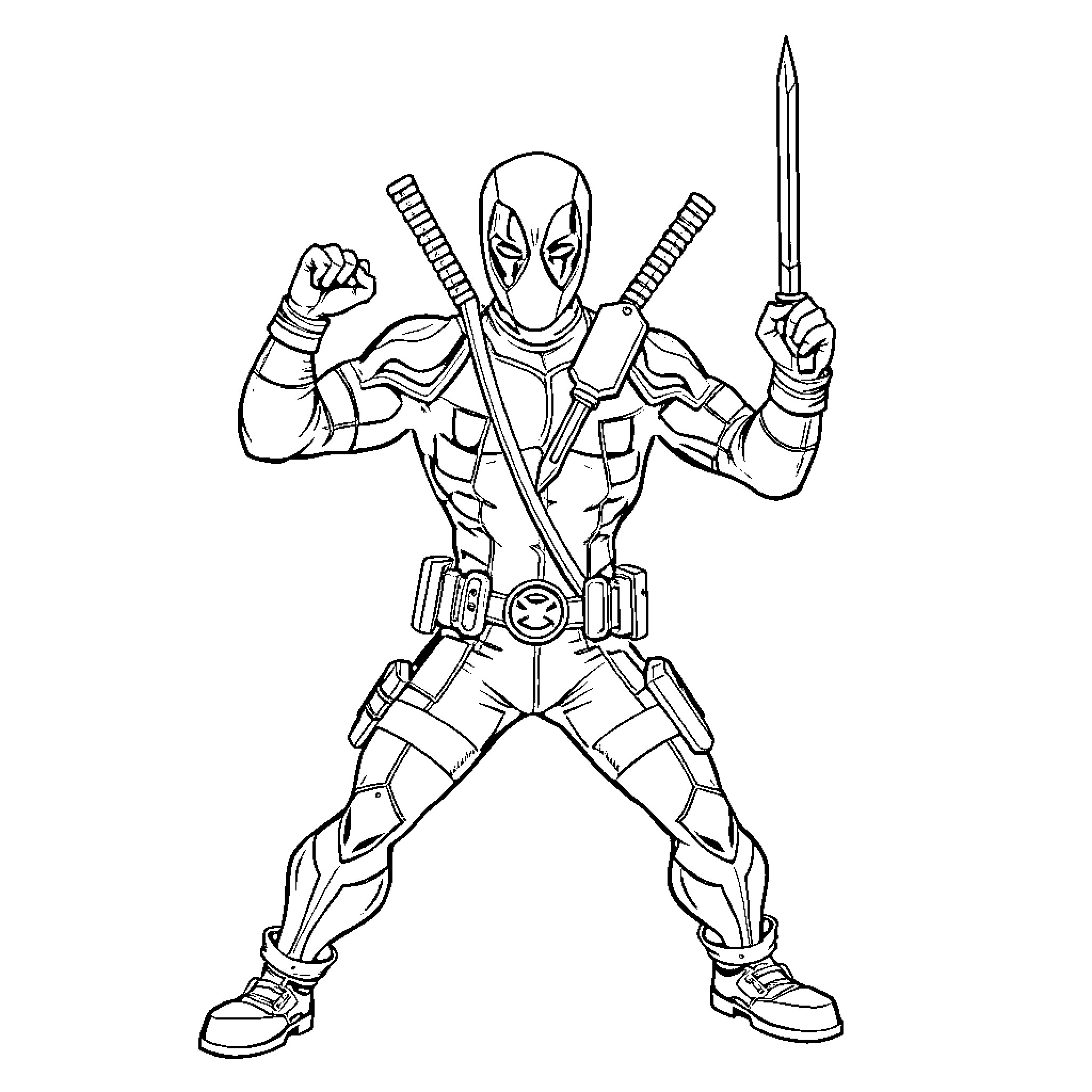 Deadpool in Action-Packed Pose with Weapons Coloring Page (free black-and-white line drawing printable PDF for all, from beginners to advanced learners, including children, teens, adults, and seniors)