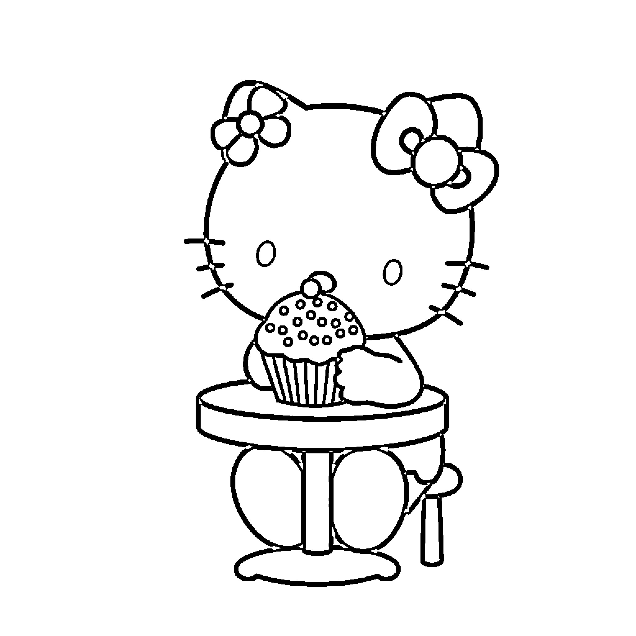 Hello Kitty enjoying a sweet treat Coloring Page (free black-and-white line drawing printable PDF for all, from beginners to advanced learners, including children, teens, adults, and seniors)