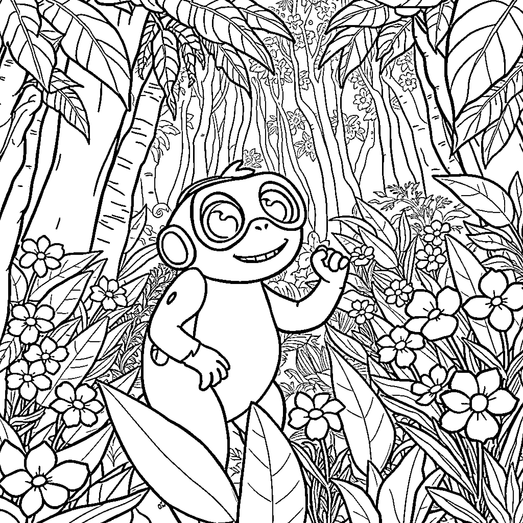 Wall-E exploring the magical forest landscape Coloring Page (free black-and-white line drawing printable PDF for all, from beginners to advanced learners, including children, teens, adults, and seniors)