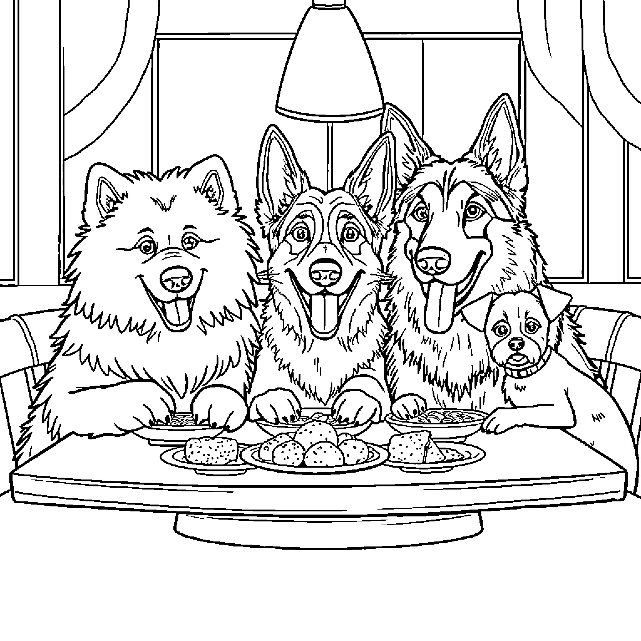 Dog family enjoying treats together in cozy home Coloring Page (free black-and-white line drawing printable PDF for all, from beginners to advanced learners, including children, teens, adults, and seniors)