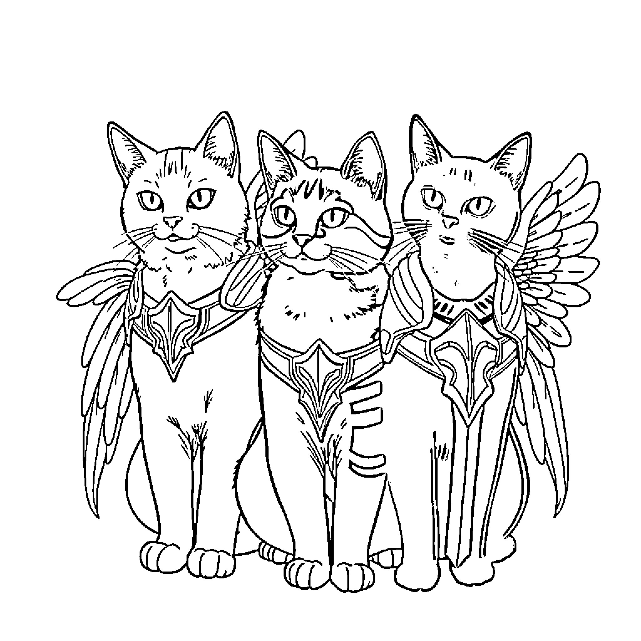 Cats with Angelic Wings Coloring Page (free black-and-white line drawing printable PDF for all, from beginners to advanced learners, including children, teens, adults, and seniors)