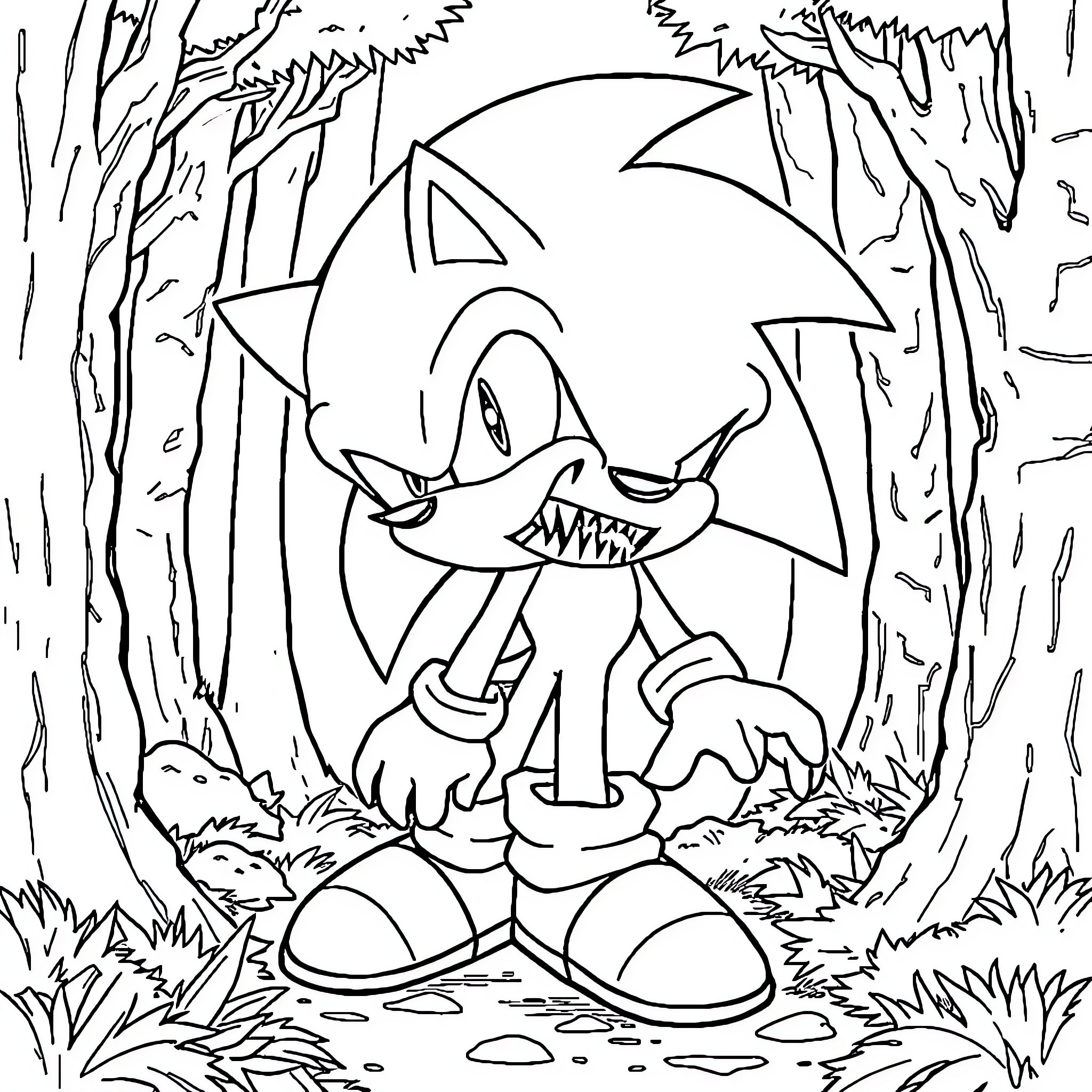 Sonic running in the forest Coloring Page (free black-and-white line drawing printable PDF for all, from beginners to advanced learners, including children, teens, adults, and seniors)