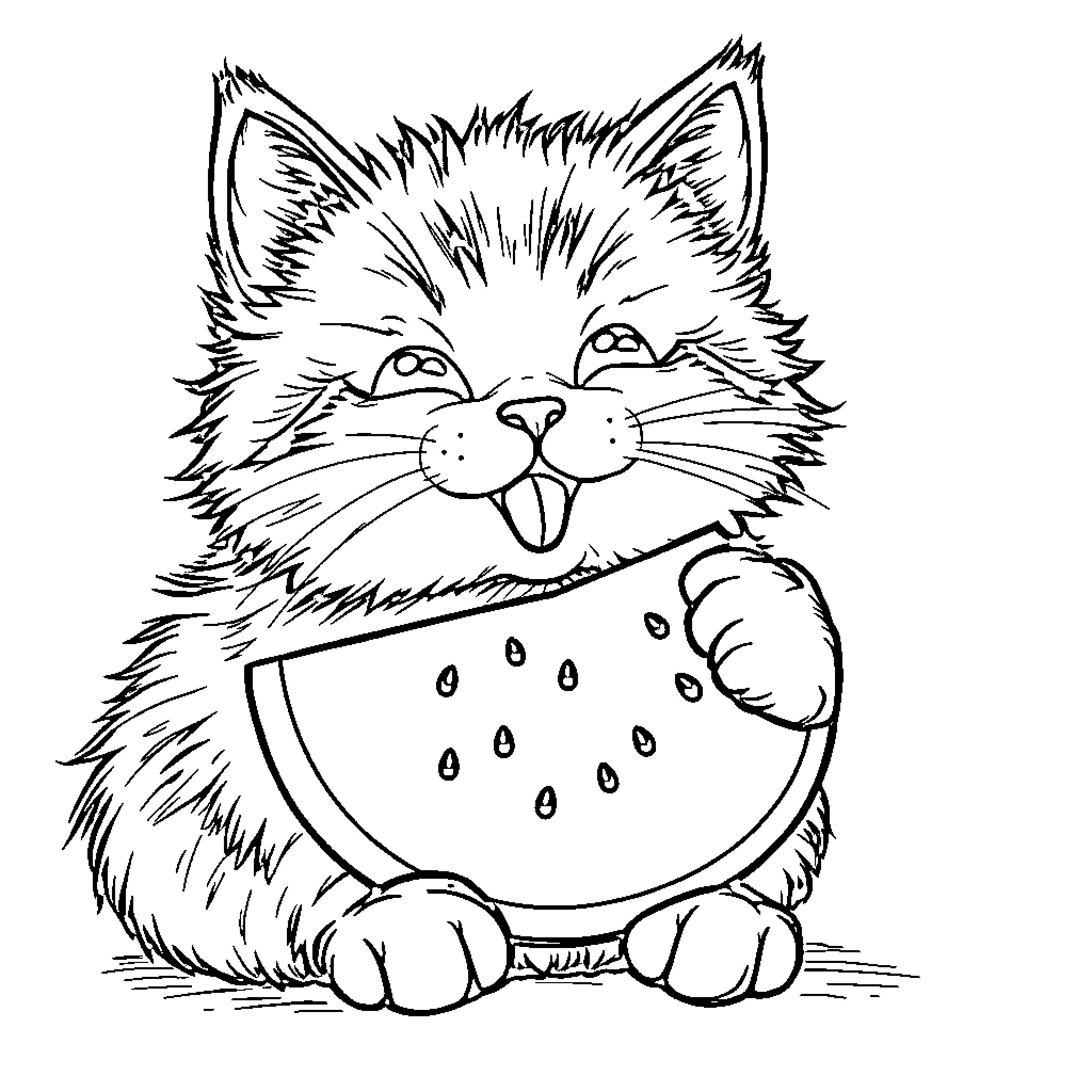 Cat enjoying a juicy watermelon Coloring Page (free black-and-white line drawing printable PDF for all, from beginners to advanced learners, including children, teens, adults, and seniors)
