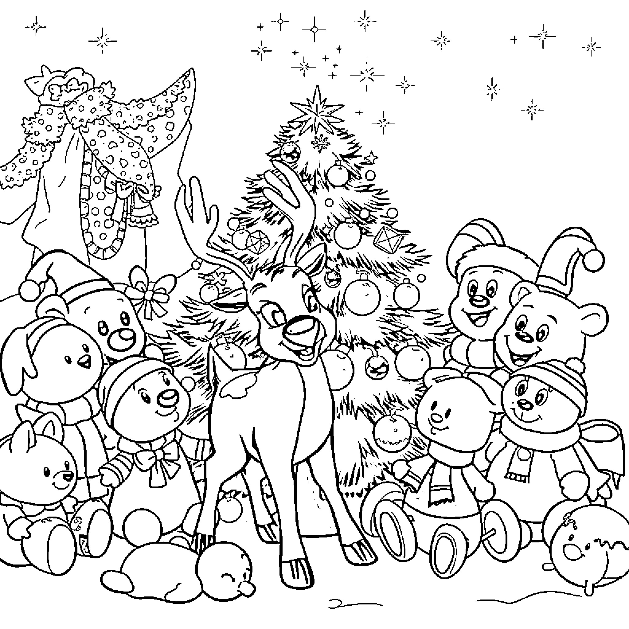 Rudolph and friends celebrating Christmas together Coloring Page (free black-and-white line drawing printable PDF for all, from beginners to advanced learners, including children, teens, adults, and seniors)