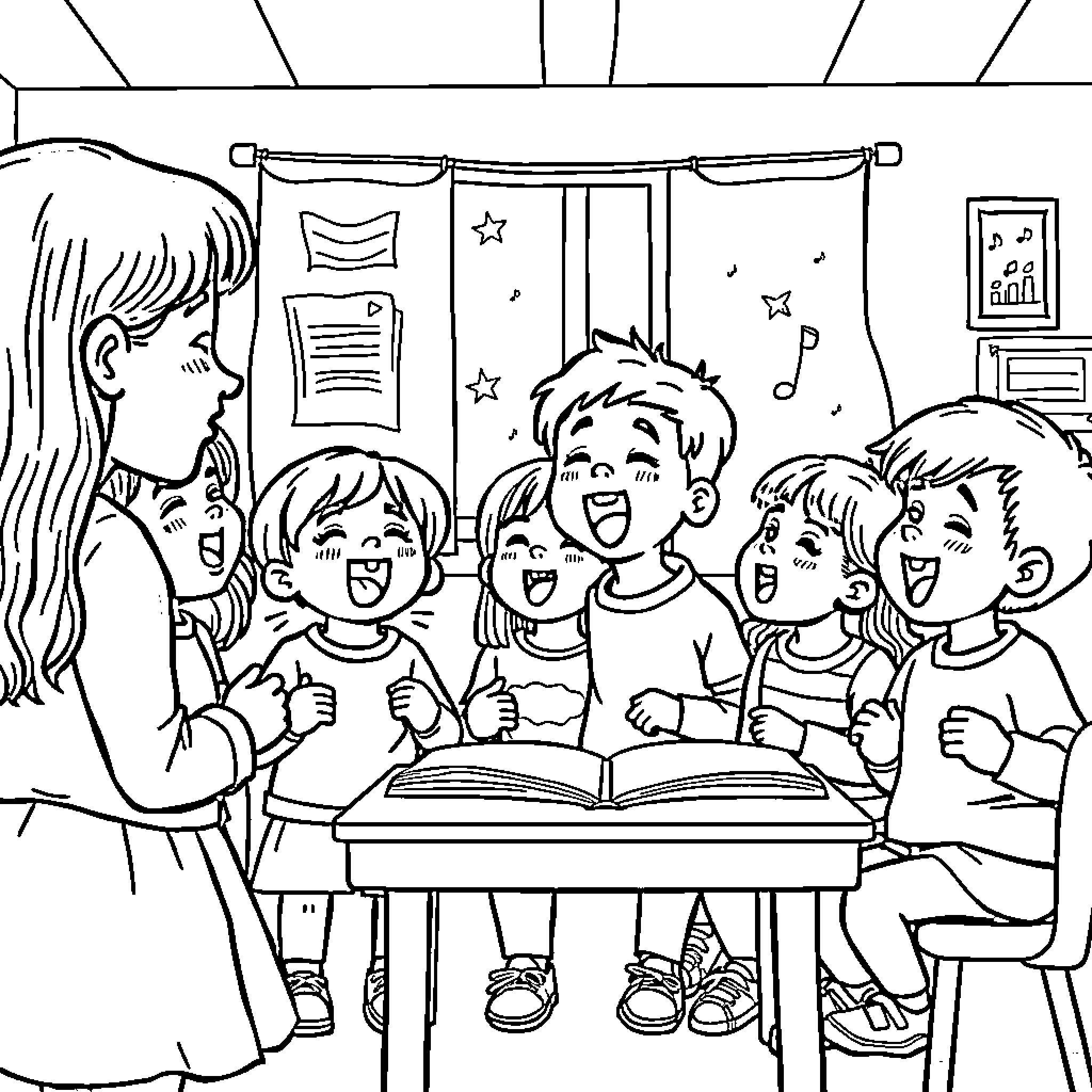 Kid teacher reading book to happy students Coloring Page (free black-and-white line drawing printable PDF for all, from beginners to advanced learners, including children, teens, adults, and seniors)