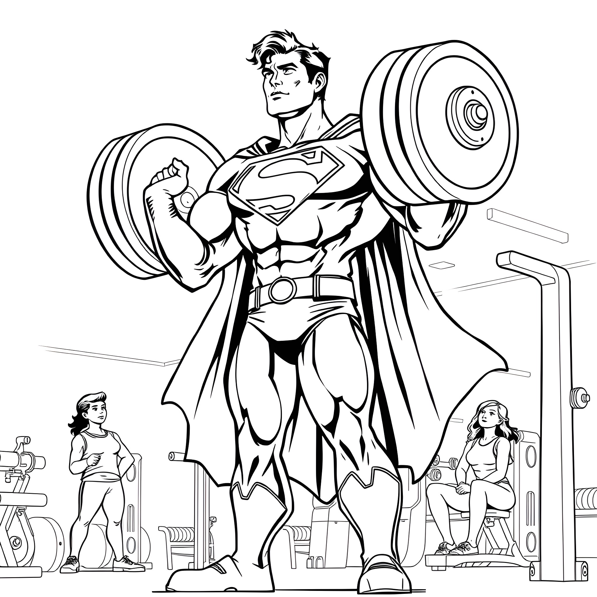 Superman Lifting Heavy Weights in the Gym Coloring Page (free black-and-white line drawing printable PDF for all, from beginners to advanced learners, including children, teens, adults, and seniors)