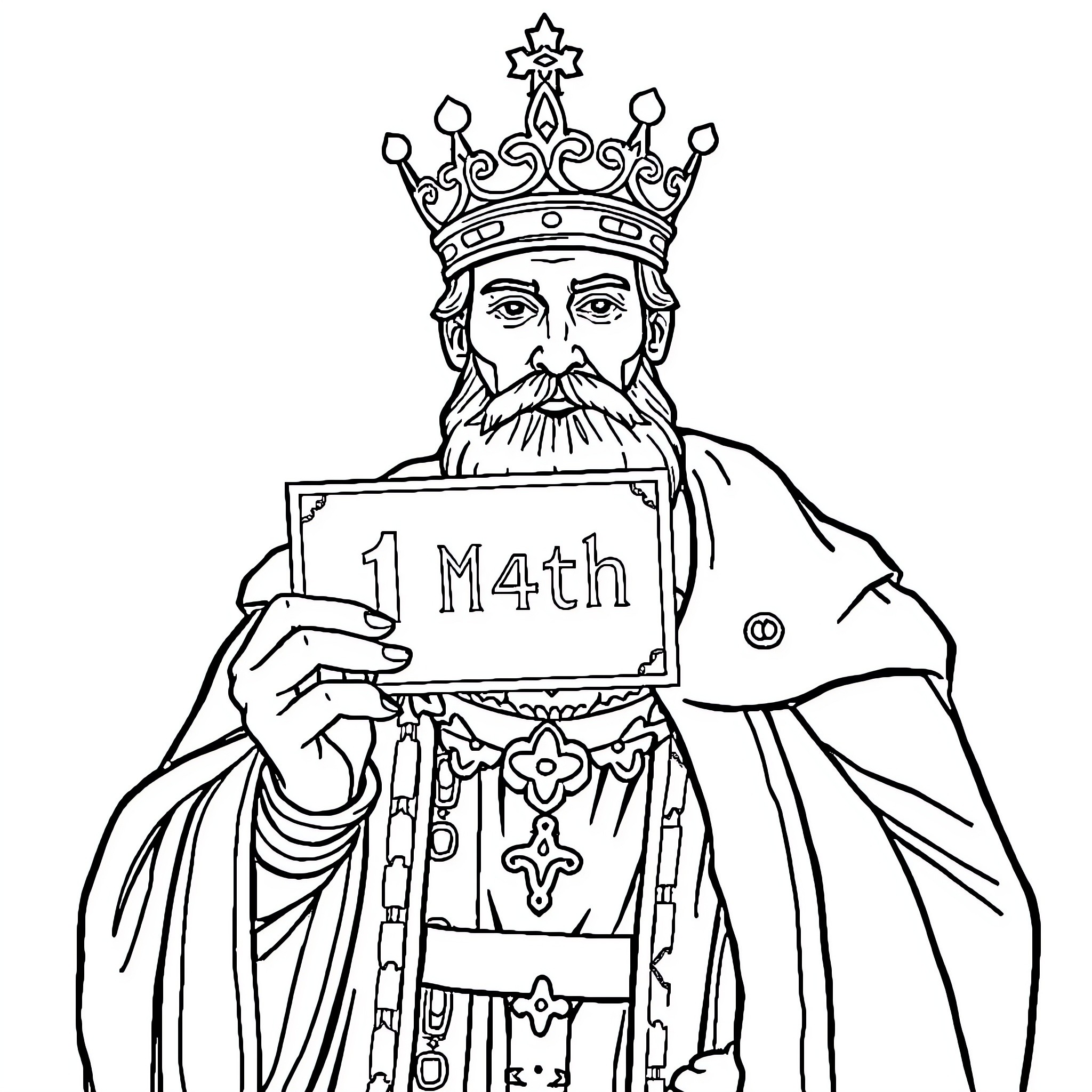 King proudly displays his 1 Math exam result Coloring Page (free black-and-white line drawing printable PDF for all, from beginners to advanced learners, including children, teens, adults, and seniors)