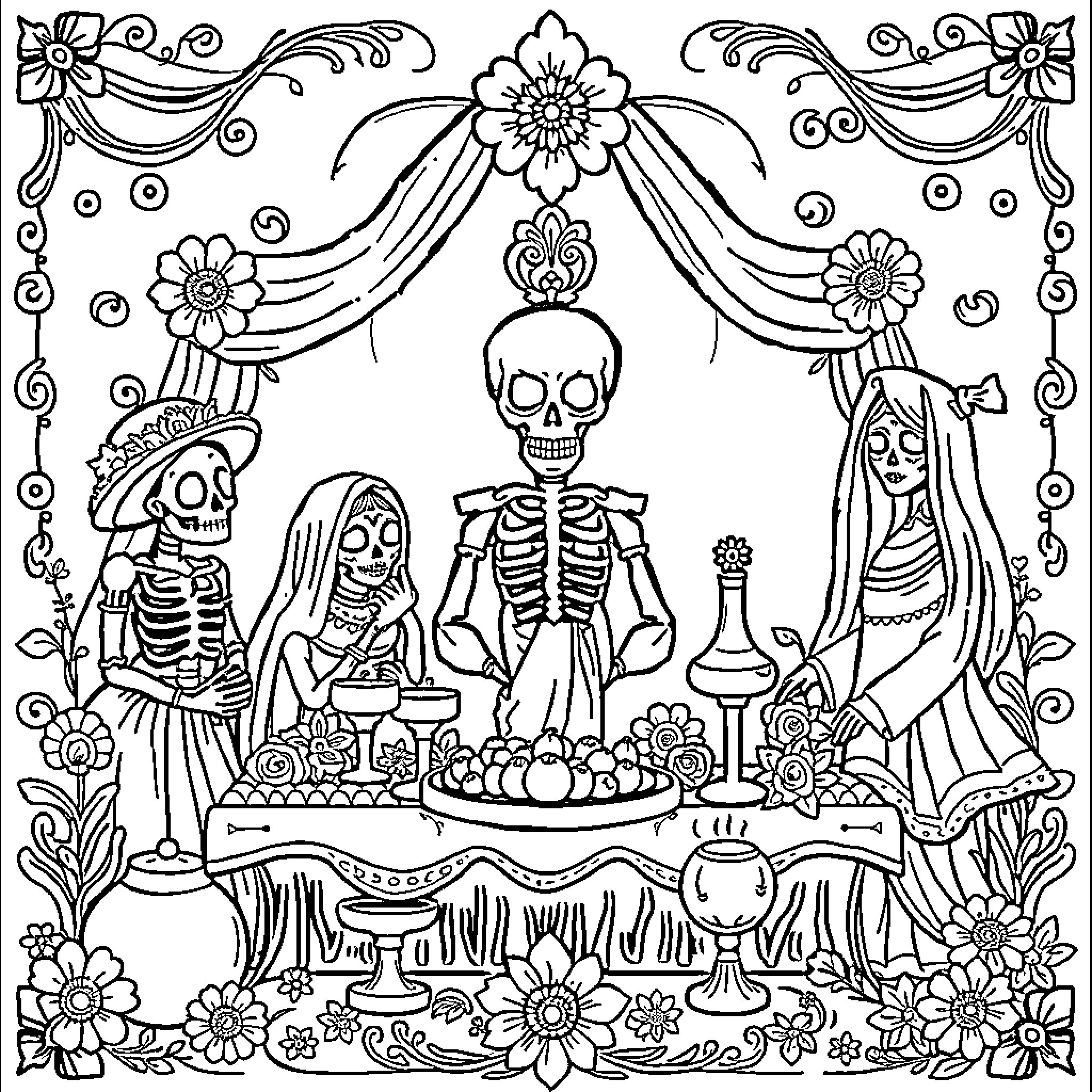 Dia de Muertos Celebration with Skeletons and Offerings Coloring Page (free black-and-white line drawing printable PDF for all, from beginners to advanced learners, including children, teens, adults, and seniors)
