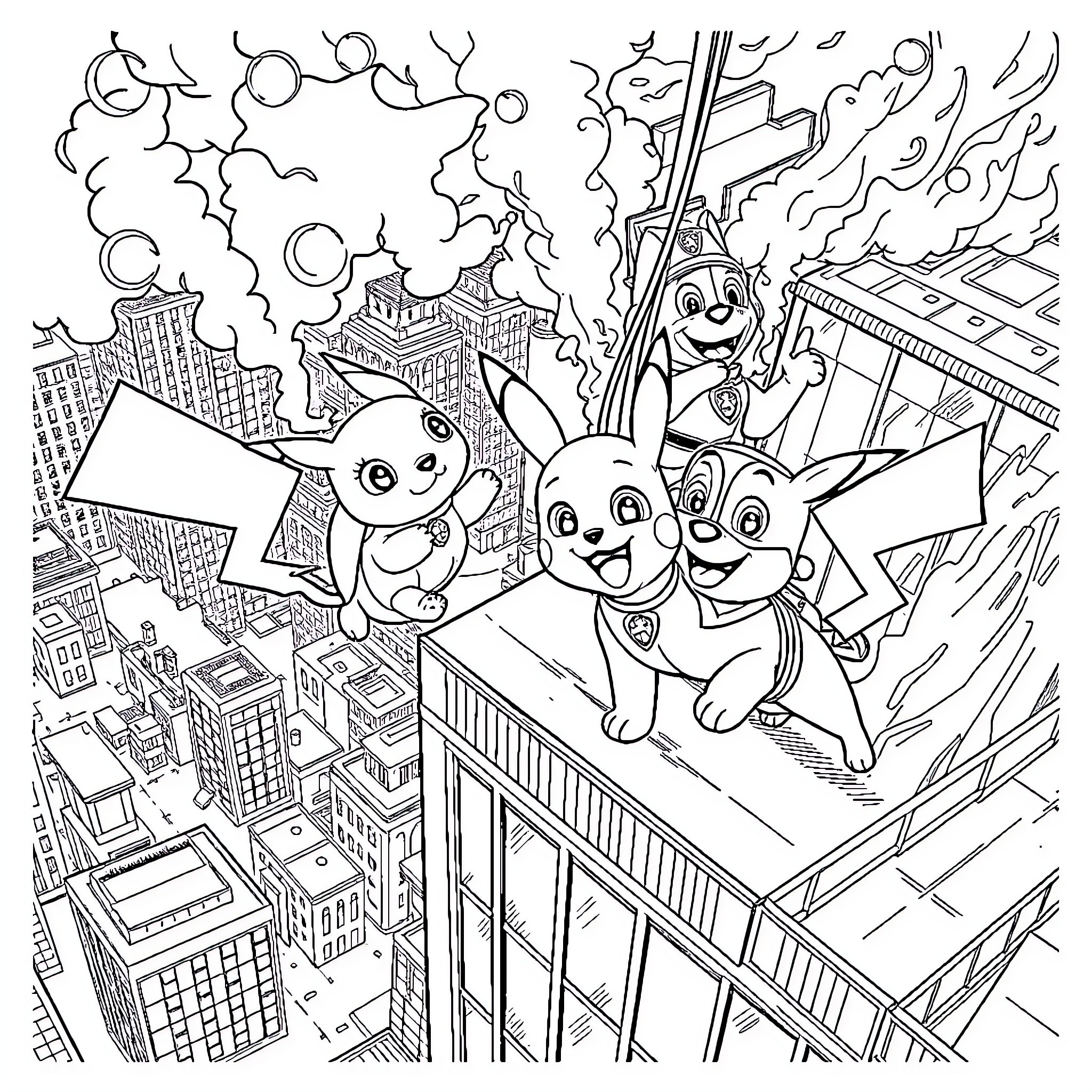 Pikachu and Friends Exploring the City Coloring Page (free black-and-white line drawing printable PDF for all, from beginners to advanced learners, including children, teens, adults, and seniors)