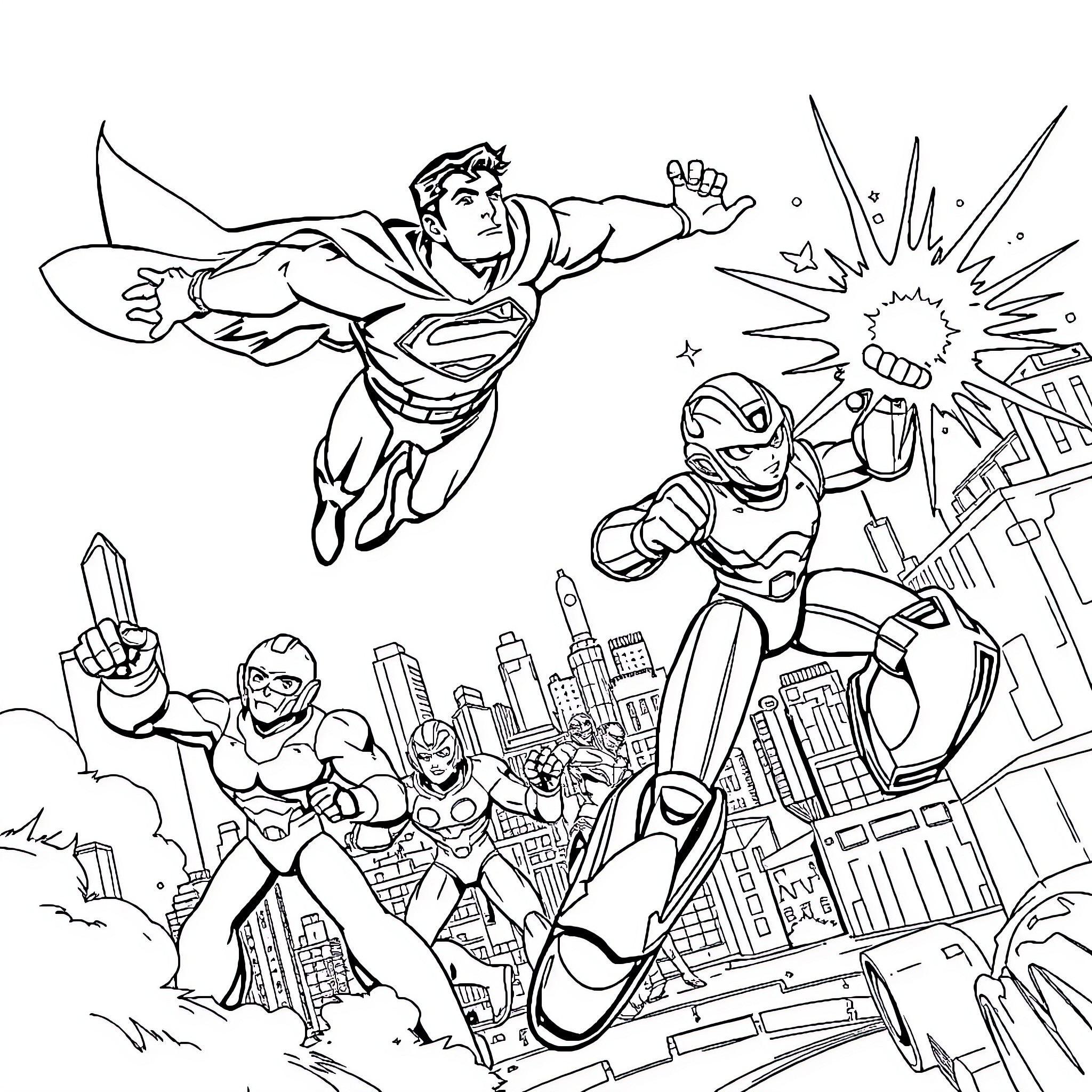 Superman saves the city from villains Coloring Page (free black-and-white line drawing printable PDF for all, from beginners to advanced learners, including children, teens, adults, and seniors)