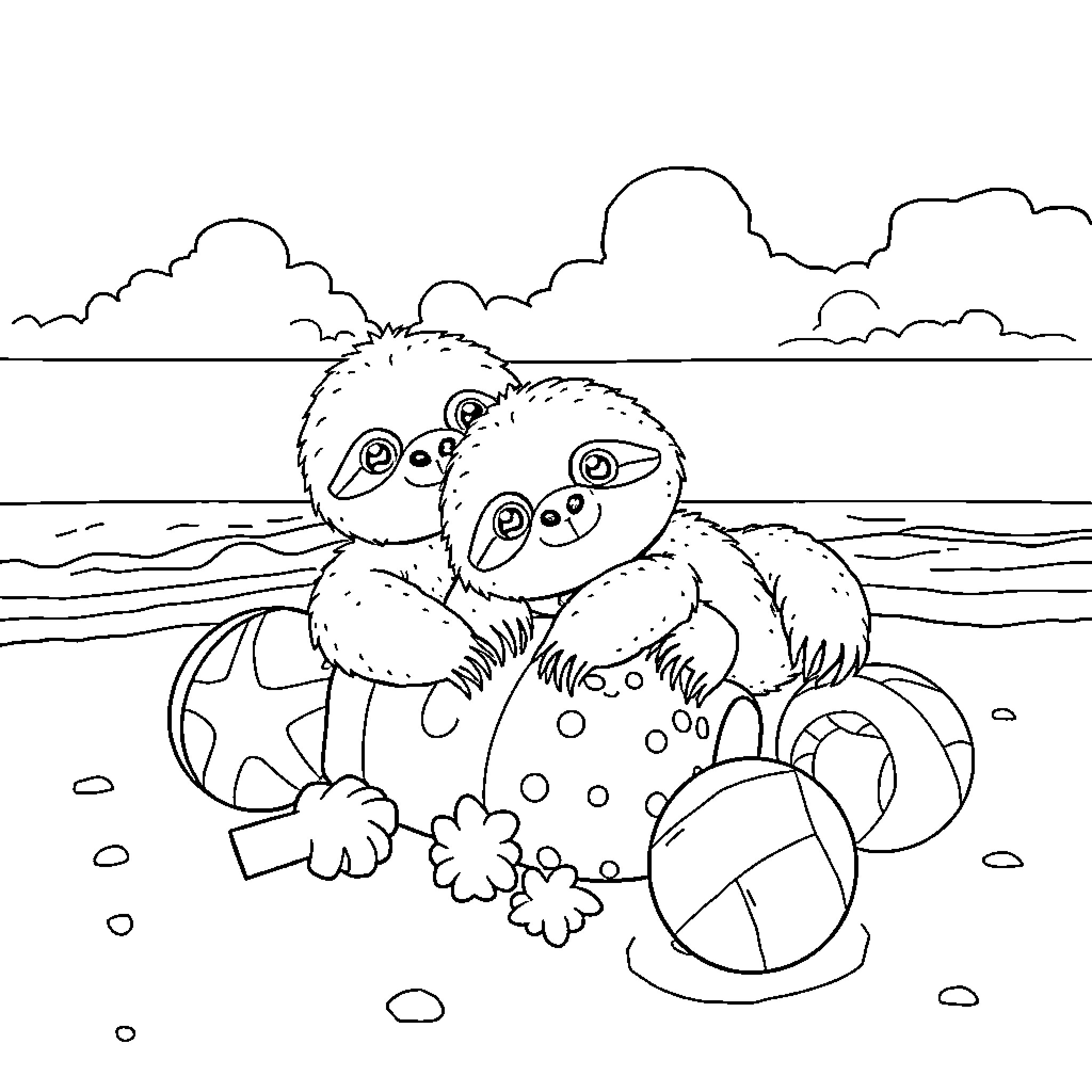 Sloth relaxing on the beach with beach ball Coloring Page (free black-and-white line drawing printable PDF for all, from beginners to advanced learners, including children, teens, adults, and seniors)