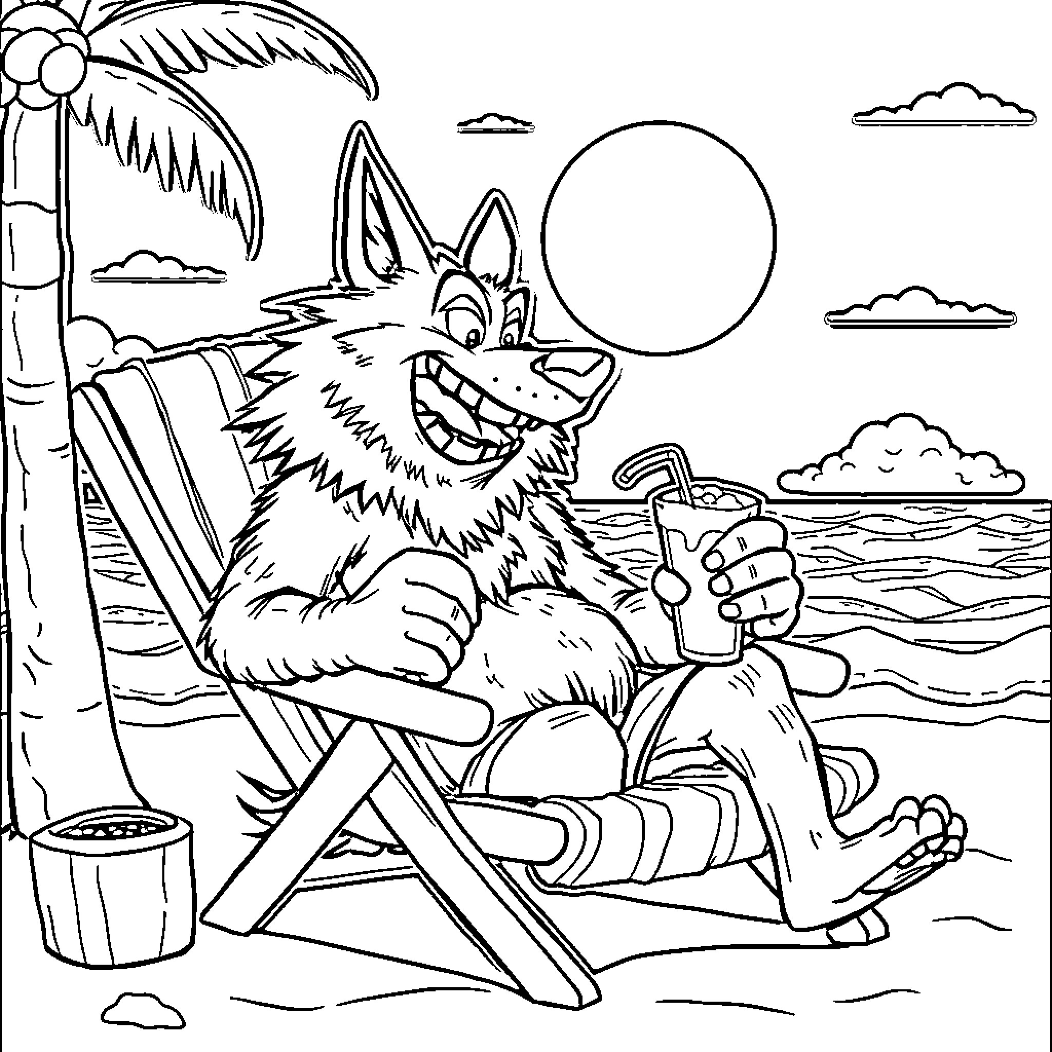 Wolf relaxing on the beach with a drink Coloring Page (free black-and-white line drawing printable PDF for all, from beginners to advanced learners, including children, teens, adults, and seniors)