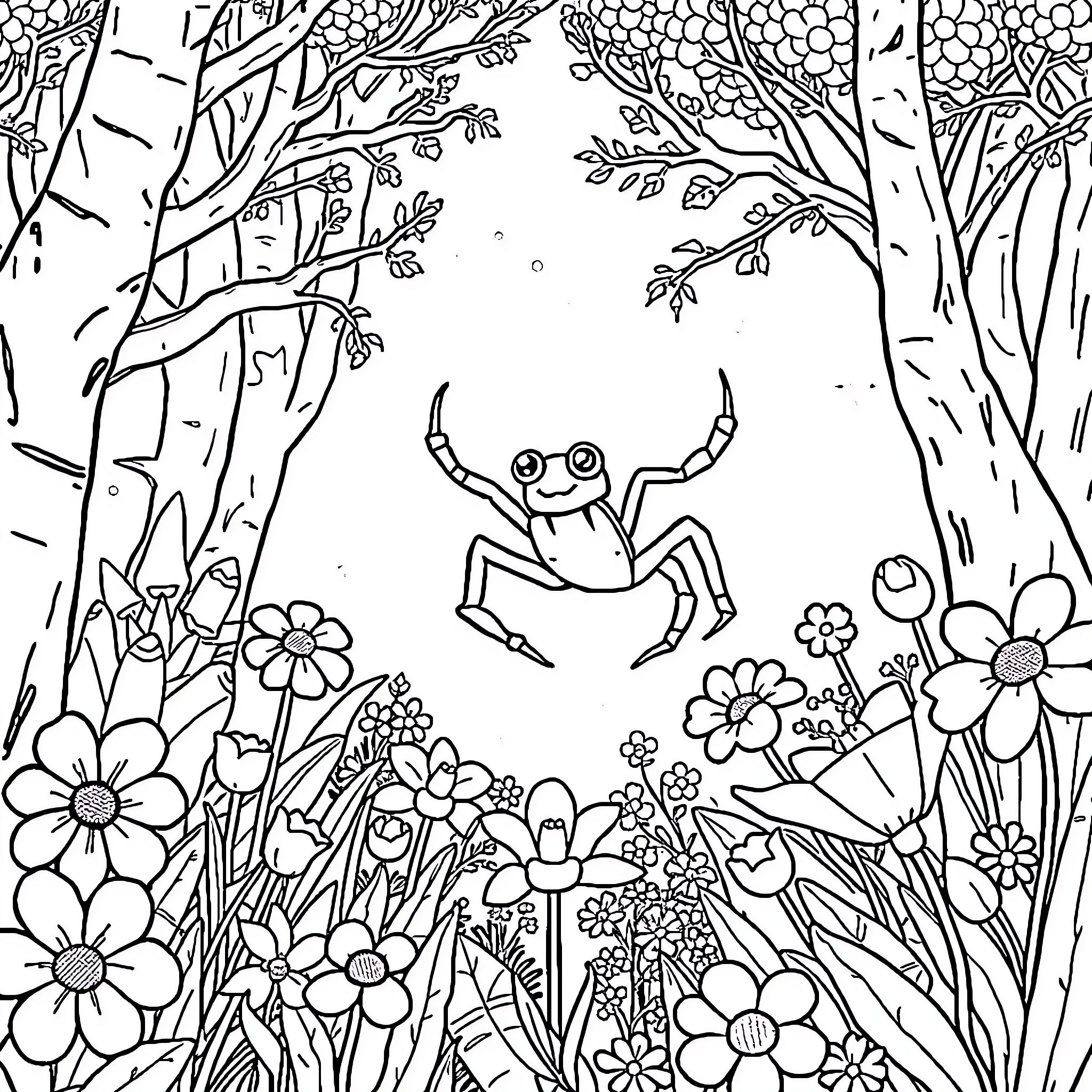 Jumping Spider enjoying the floral forest Coloring Page (free black-and-white line drawing printable PDF for all, from beginners to advanced learners, including children, teens, adults, and seniors)