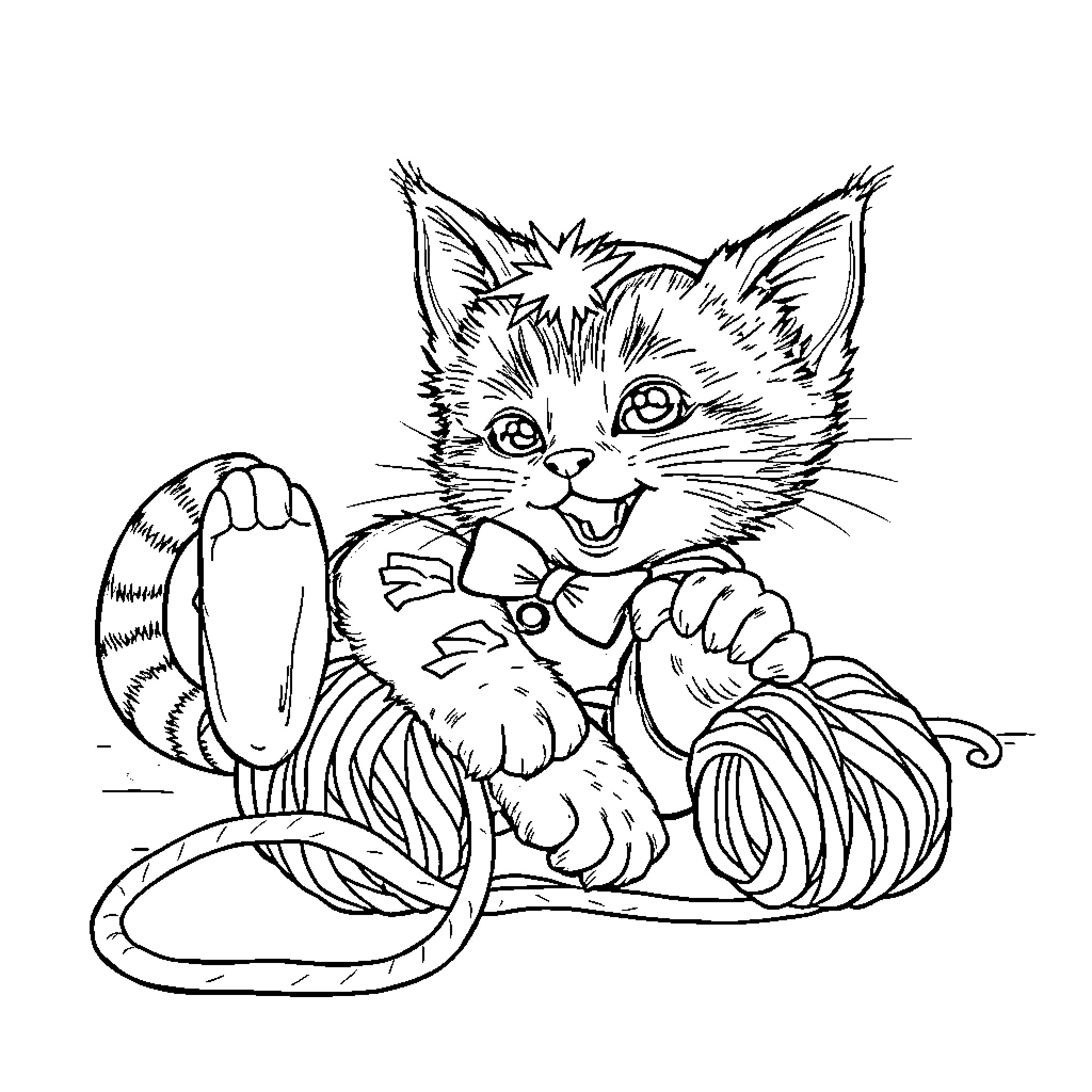 Kitten playing with yarn balls Coloring Page (free black-and-white line drawing printable PDF for all, from beginners to advanced learners, including children, teens, adults, and seniors)