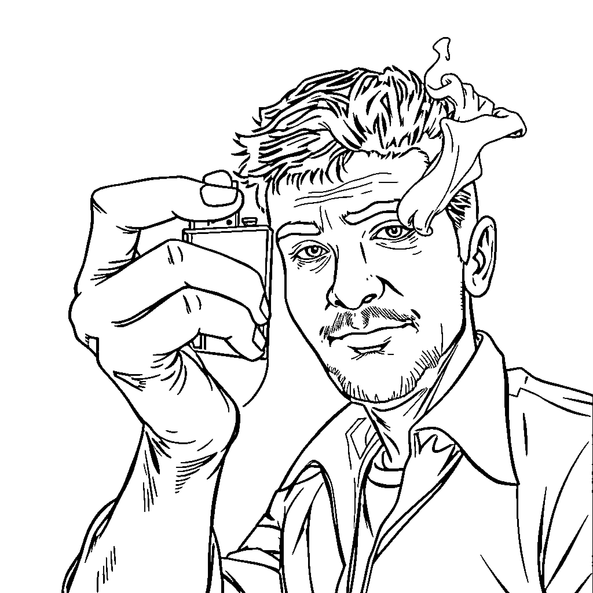 Guy in formal attire fixes his hair in pensive expression Coloring Page (free black-and-white line drawing printable PDF for all, from beginners to advanced learners, including children, teens, adults, and seniors)