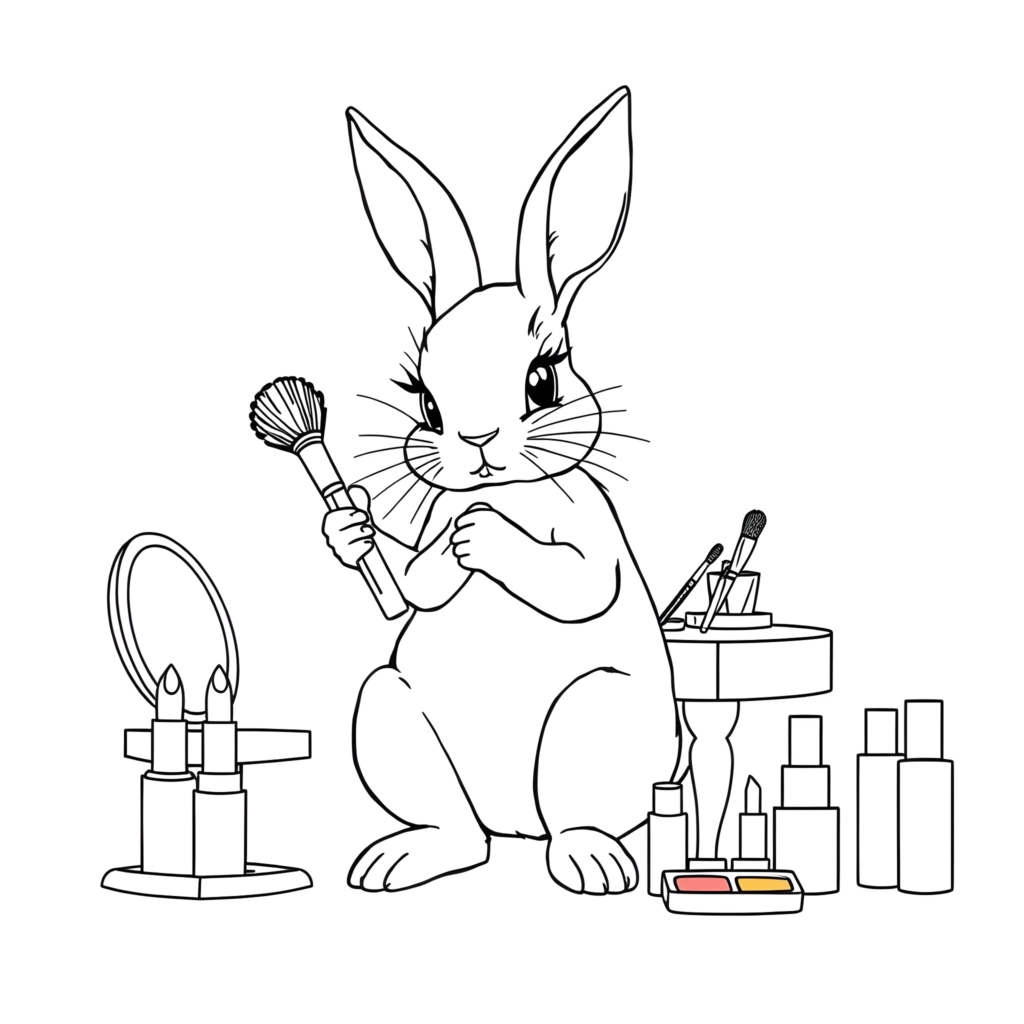 Rabbit applying makeup in front of mirror Coloring Page (free black-and-white line drawing printable PDF for all, from beginners to advanced learners, including children, teens, adults, and seniors)