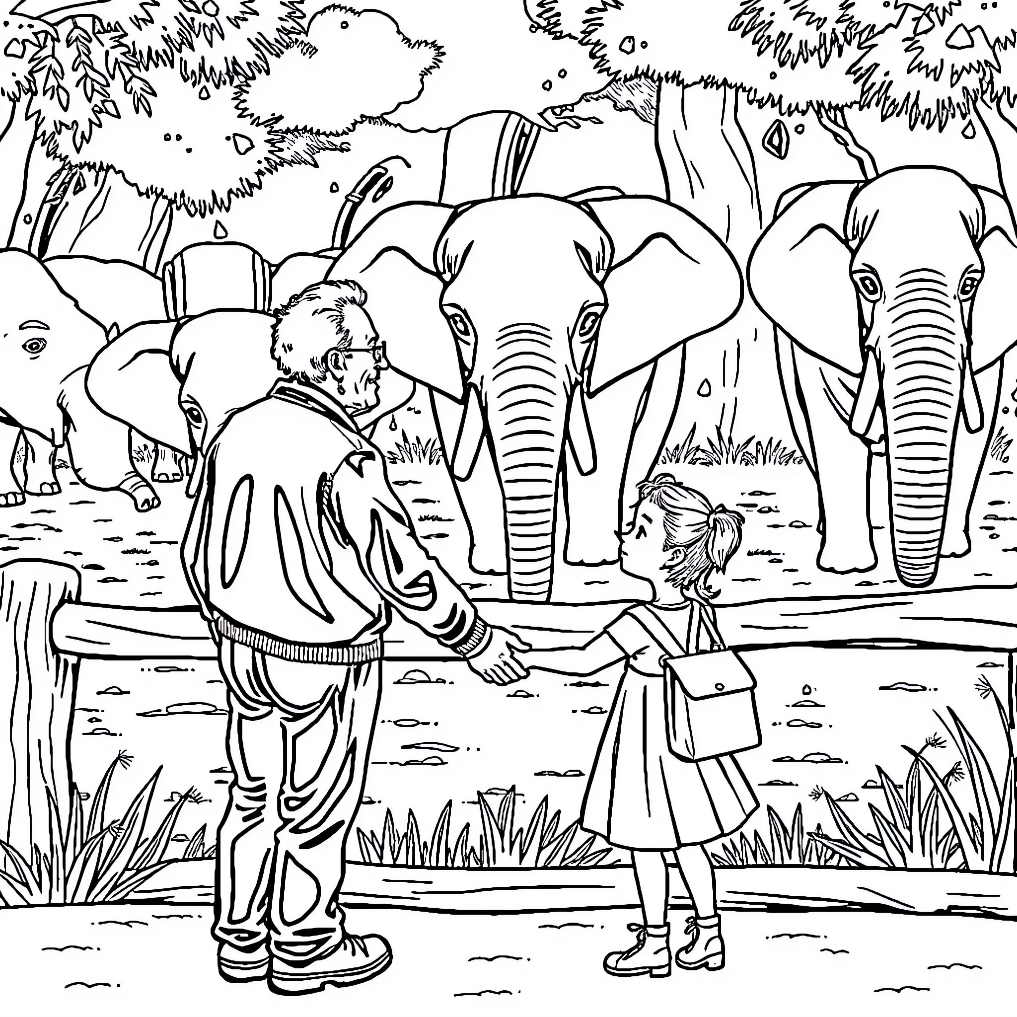 Elephant Family Gathering in the Forest Coloring Page (free black-and-white line drawing printable PDF for all, from beginners to advanced learners, including children, teens, adults, and seniors)