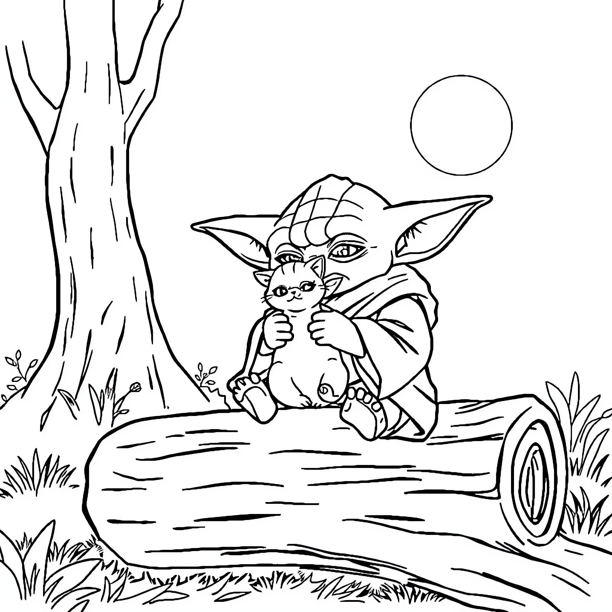 Yoda sitting thoughtfully in the forest Coloring Page (free black-and-white line drawing printable PDF for all, from beginners to advanced learners, including children, teens, adults, and seniors)