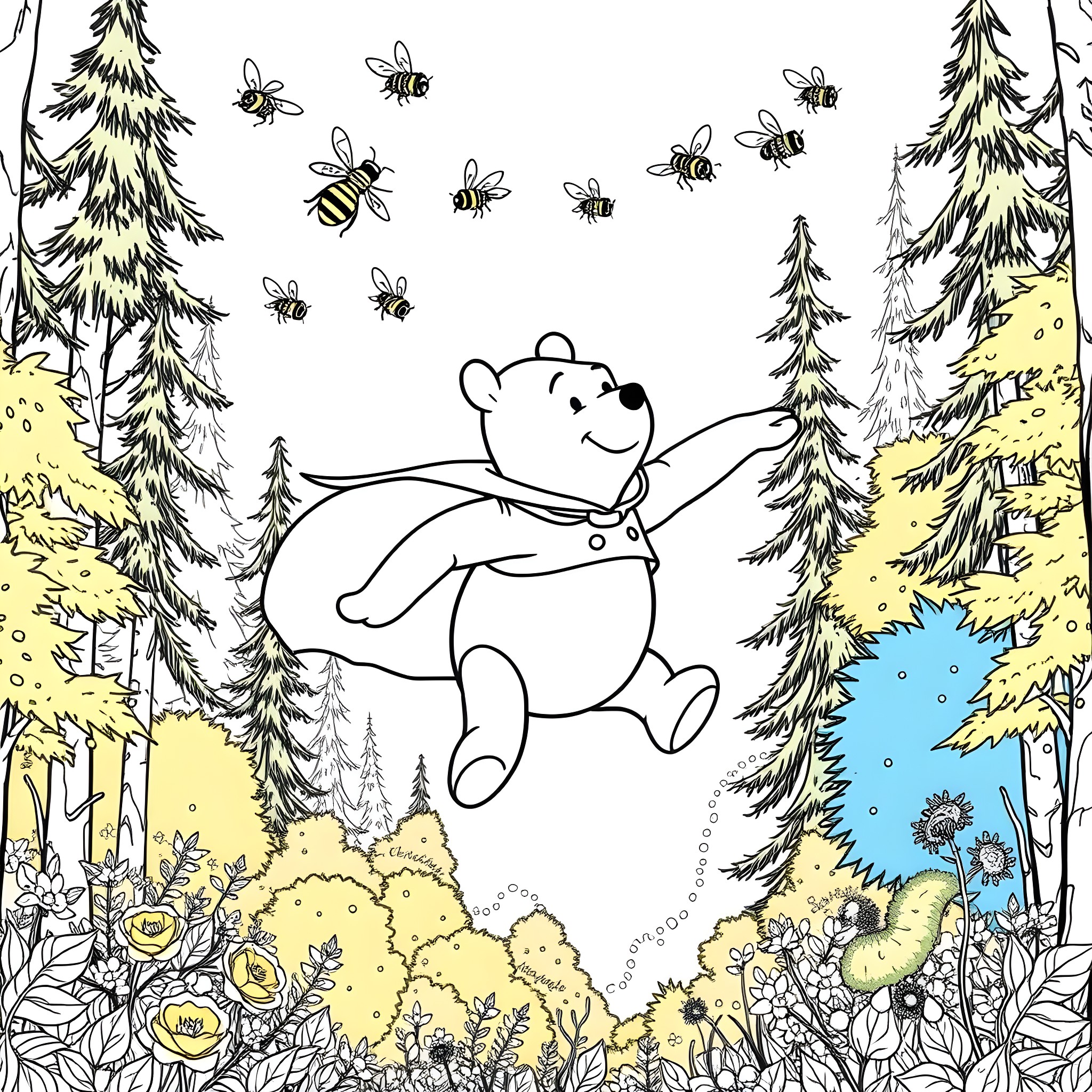 Winnie The Pooh happily running in the woods with bees Coloring Page (free black-and-white line drawing printable PDF for all, from beginners to advanced learners, including children, teens, adults, and seniors)