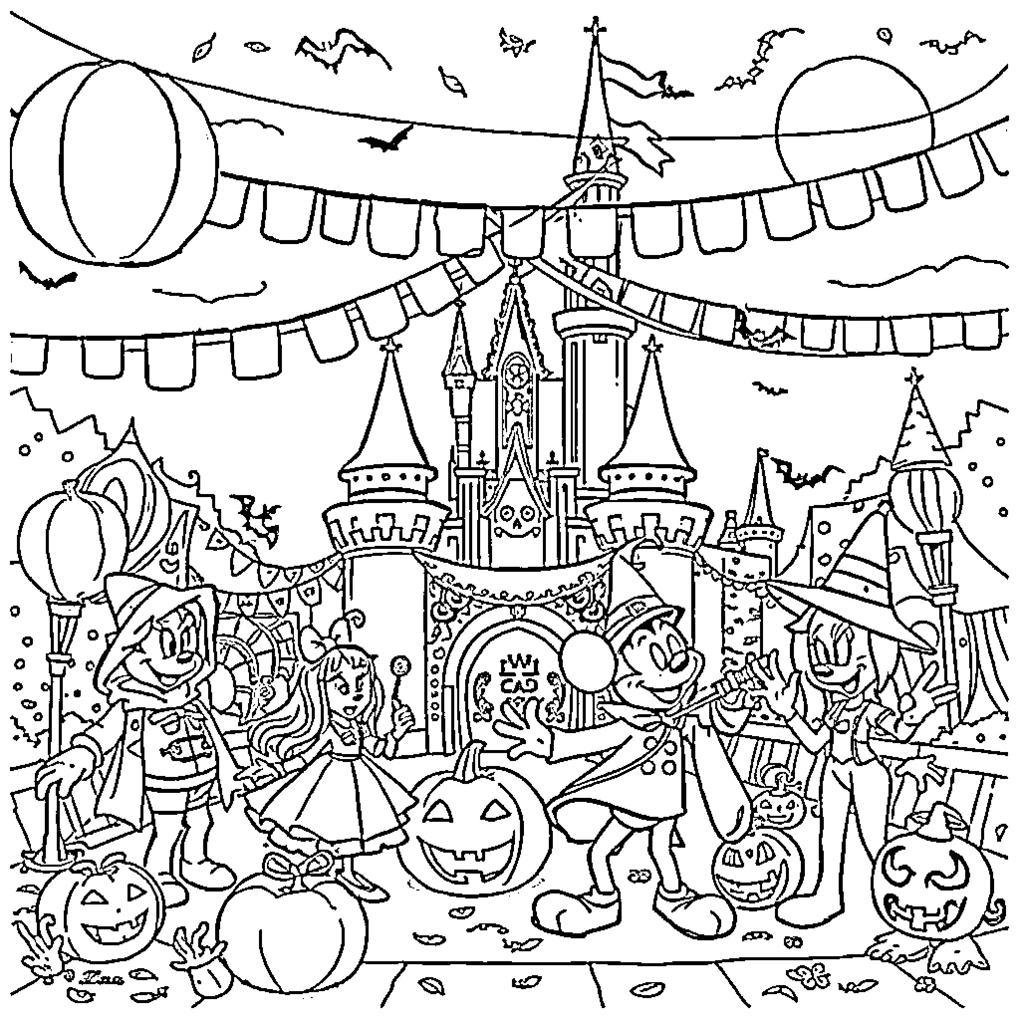 Halloween at the spooky castle with festive decorations Coloring Page (free black-and-white line drawing printable PDF for all, from beginners to advanced learners, including children, teens, adults, and seniors)
