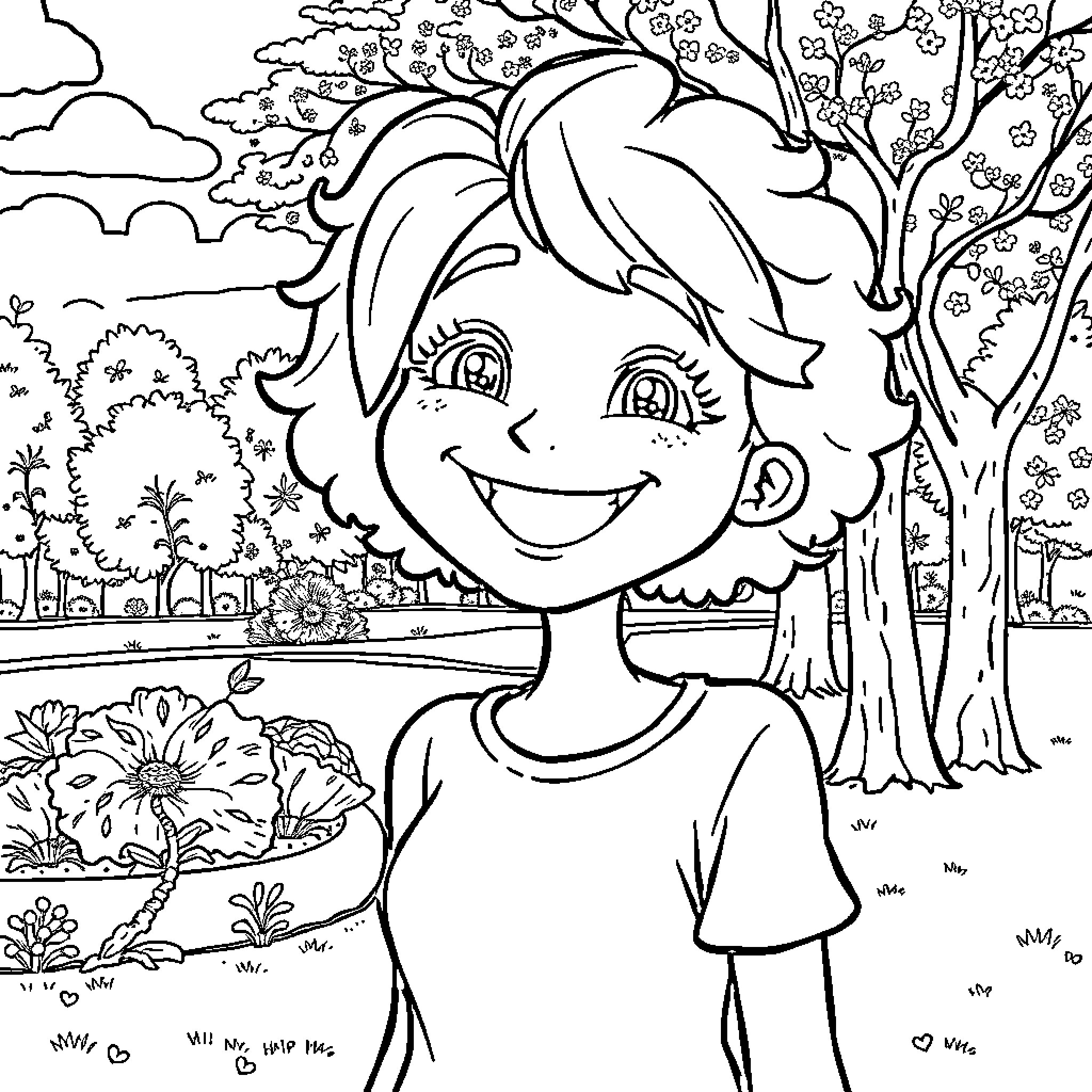 Romi's Joyful Outdoor Adventure Coloring Page (free black-and-white line drawing printable PDF for all, from beginners to advanced learners, including children, teens, adults, and seniors)