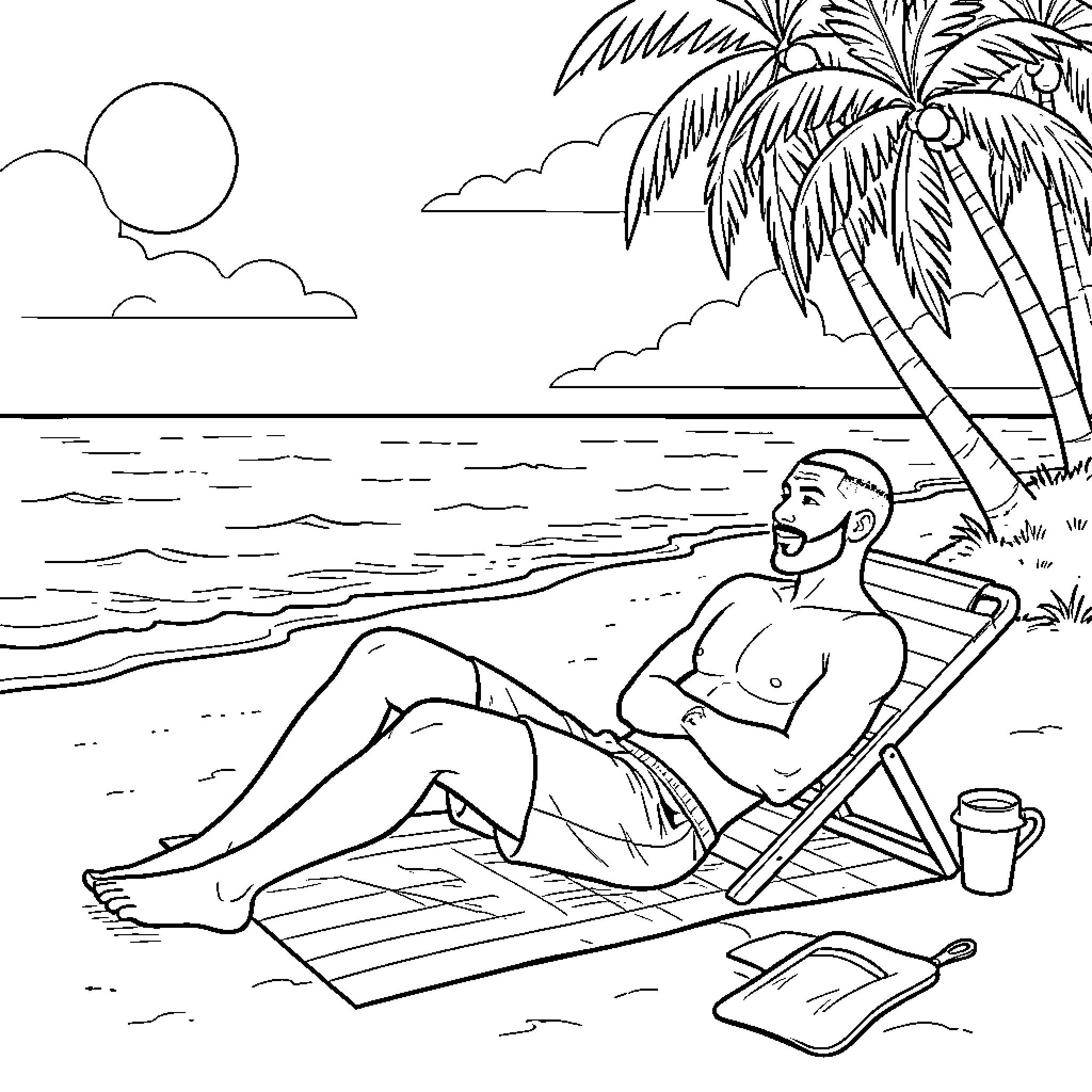 Mbappe relaxing on a beach chair by the ocean Coloring Page (free black-and-white line drawing printable PDF for all, from beginners to advanced learners, including children, teens, adults, and seniors)