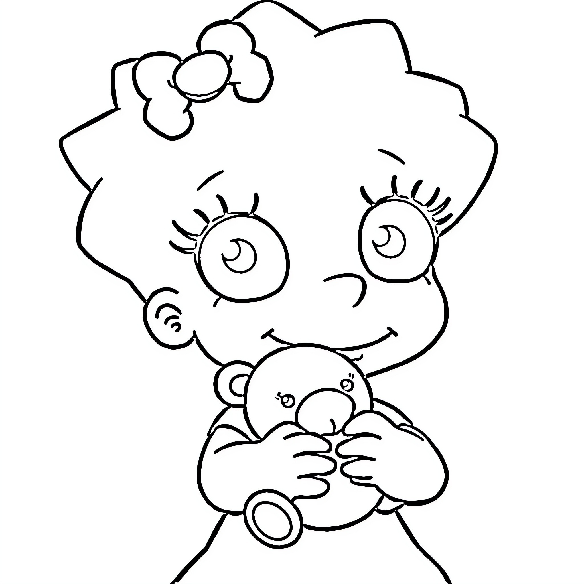 Maggie Simpson holding a stuffed animal Coloring Page (free black-and-white line drawing printable PDF for all, from beginners to advanced learners, including children, teens, adults, and seniors)