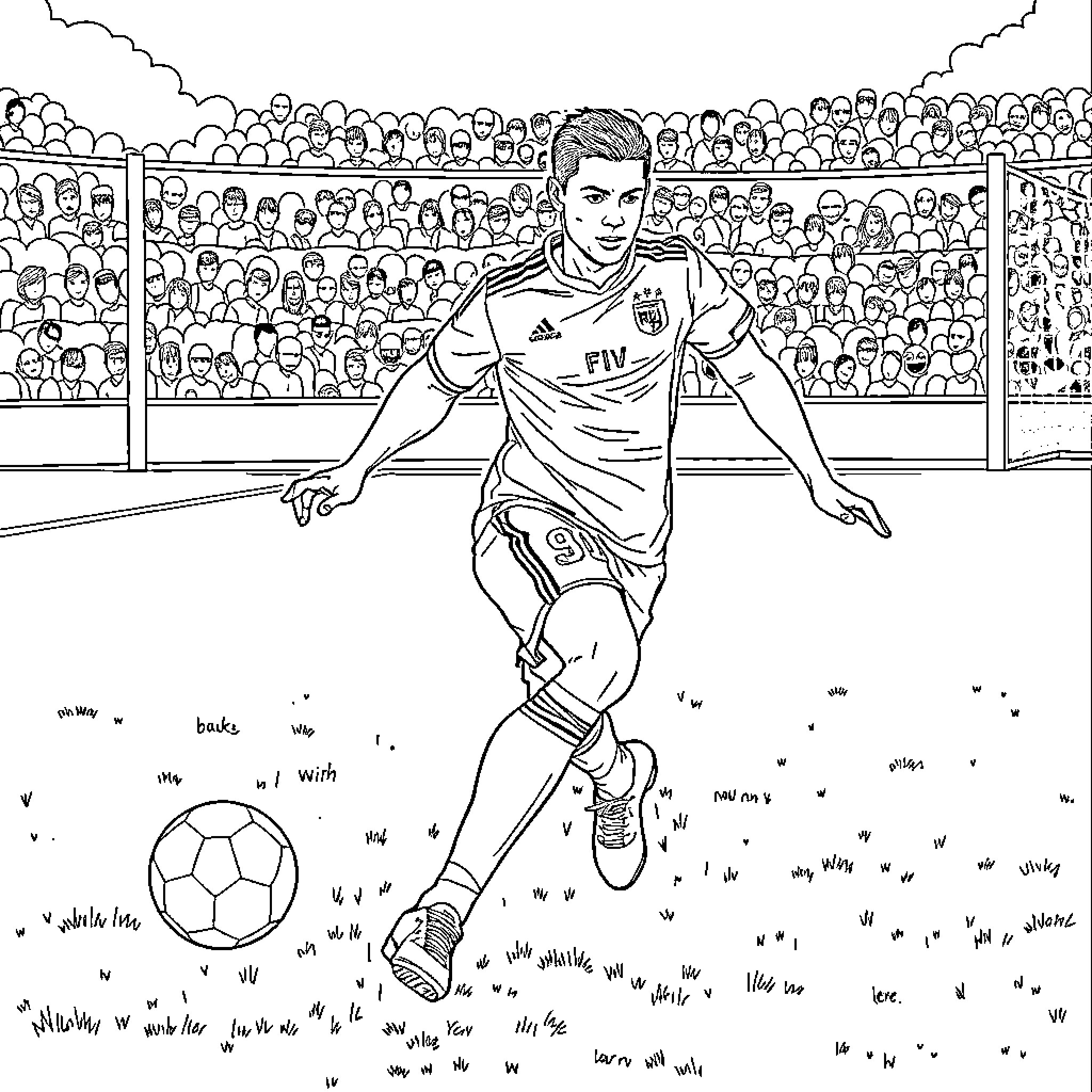 Ronaldo's Triumphant Football Celebration on the Pitch Coloring Page (free black-and-white line drawing printable PDF for all, from beginners to advanced learners, including children, teens, adults, and seniors)