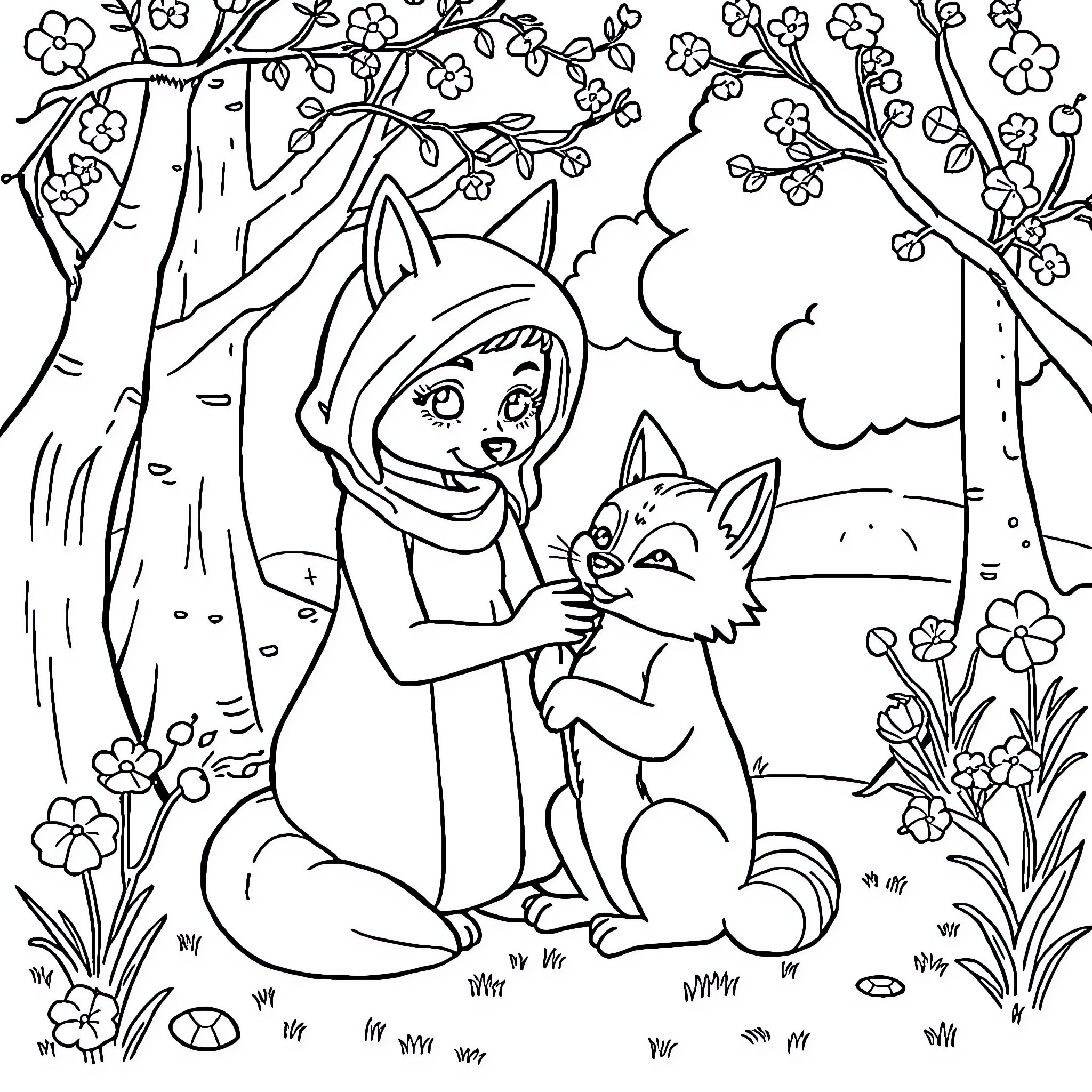 Loup and the Friendly Fox in the Enchanted Forest Coloring Page (free black-and-white line drawing printable PDF for all, from beginners to advanced learners, including children, teens, adults, and seniors)