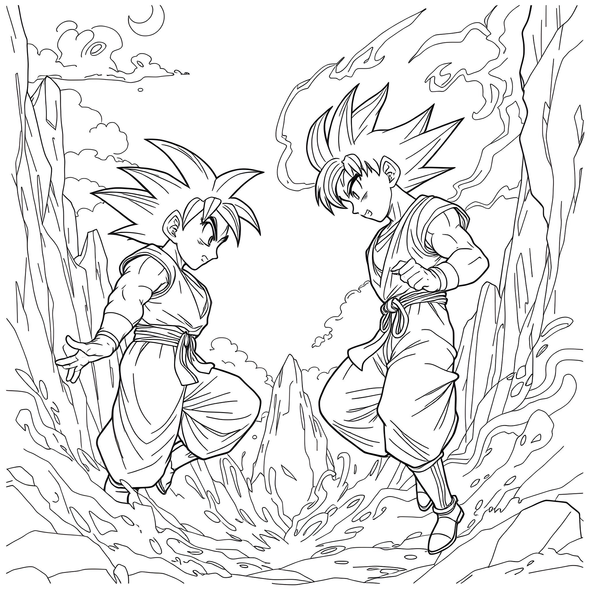 Goku's Legendary Battle in the Wilderness Coloring Page (free black-and-white line drawing printable PDF for all, from beginners to advanced learners, including children, teens, adults, and seniors)