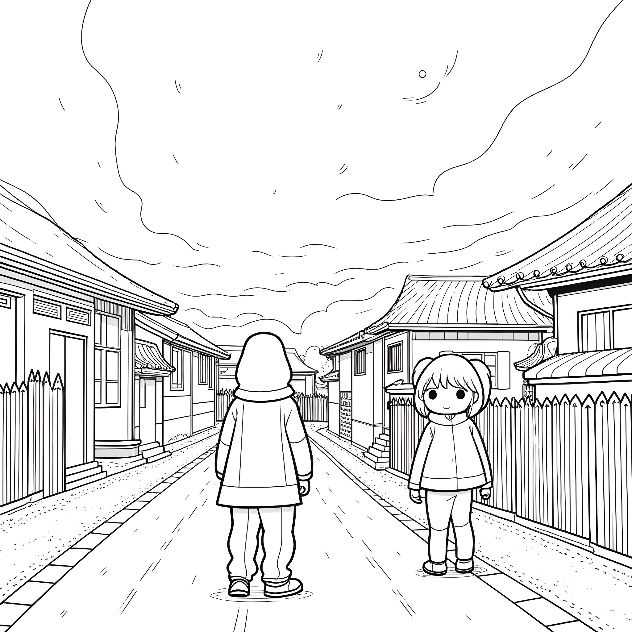 Bandito's Mysterious Journey through the Ancient Village Coloring Page (free black-and-white line drawing printable PDF for all, from beginners to advanced learners, including children, teens, adults, and seniors)