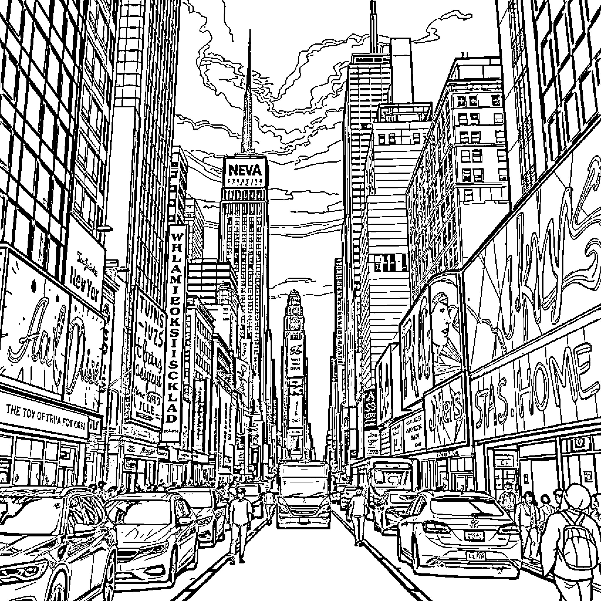 New York City Streets with Skyscrapers and Billboards Coloring Page (free black-and-white line drawing printable PDF for all, from beginners to advanced learners, including children, teens, adults, and seniors)