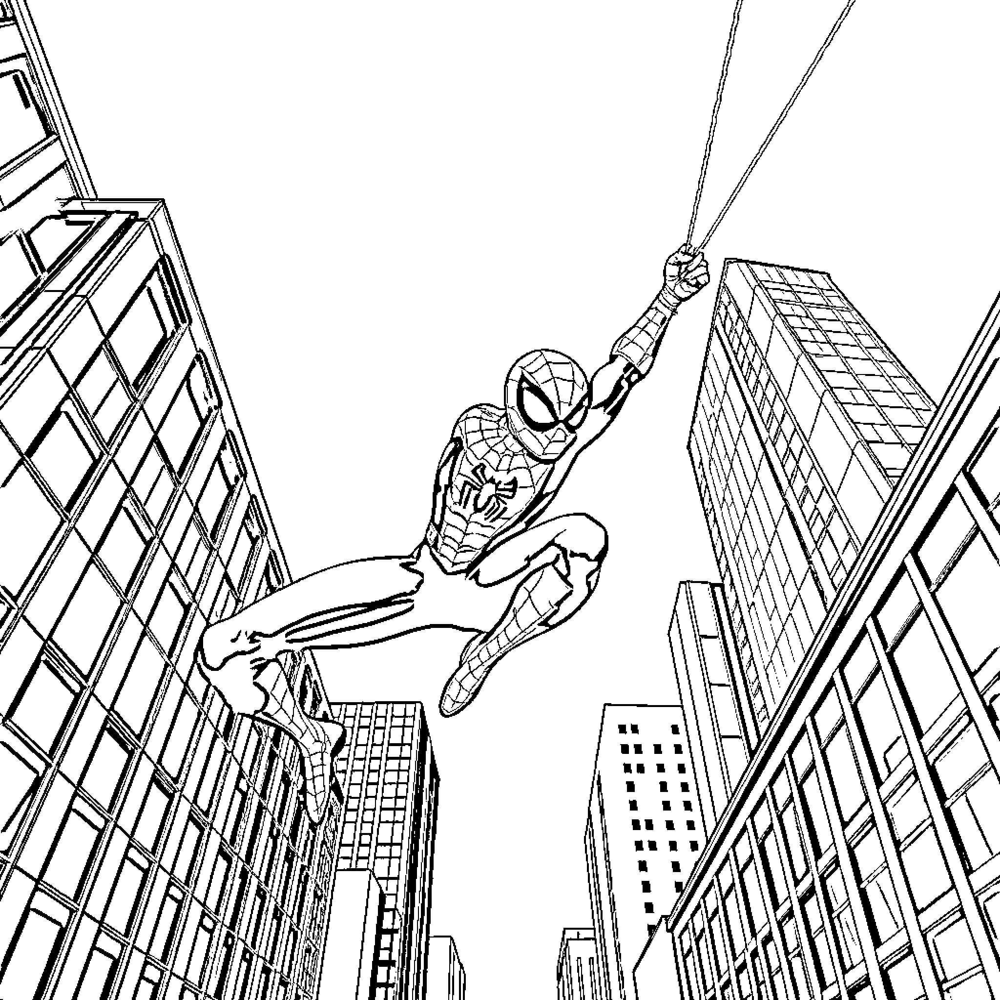 Spiderman swinging through the cityscape Coloring Page (free black-and-white line drawing printable PDF for all, from beginners to advanced learners, including children, teens, adults, and seniors)