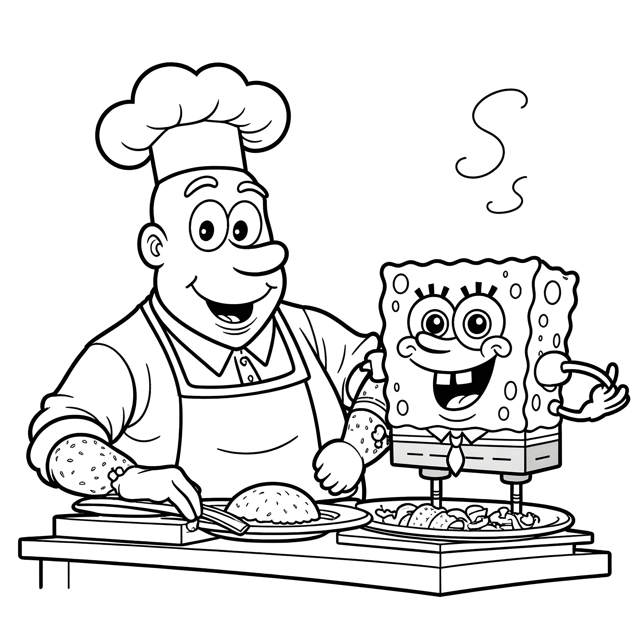 Spongebob and Chef having a Happy Meal Together Coloring Page (free black-and-white line drawing printable PDF for all, from beginners to advanced learners, including children, teens, adults, and seniors)