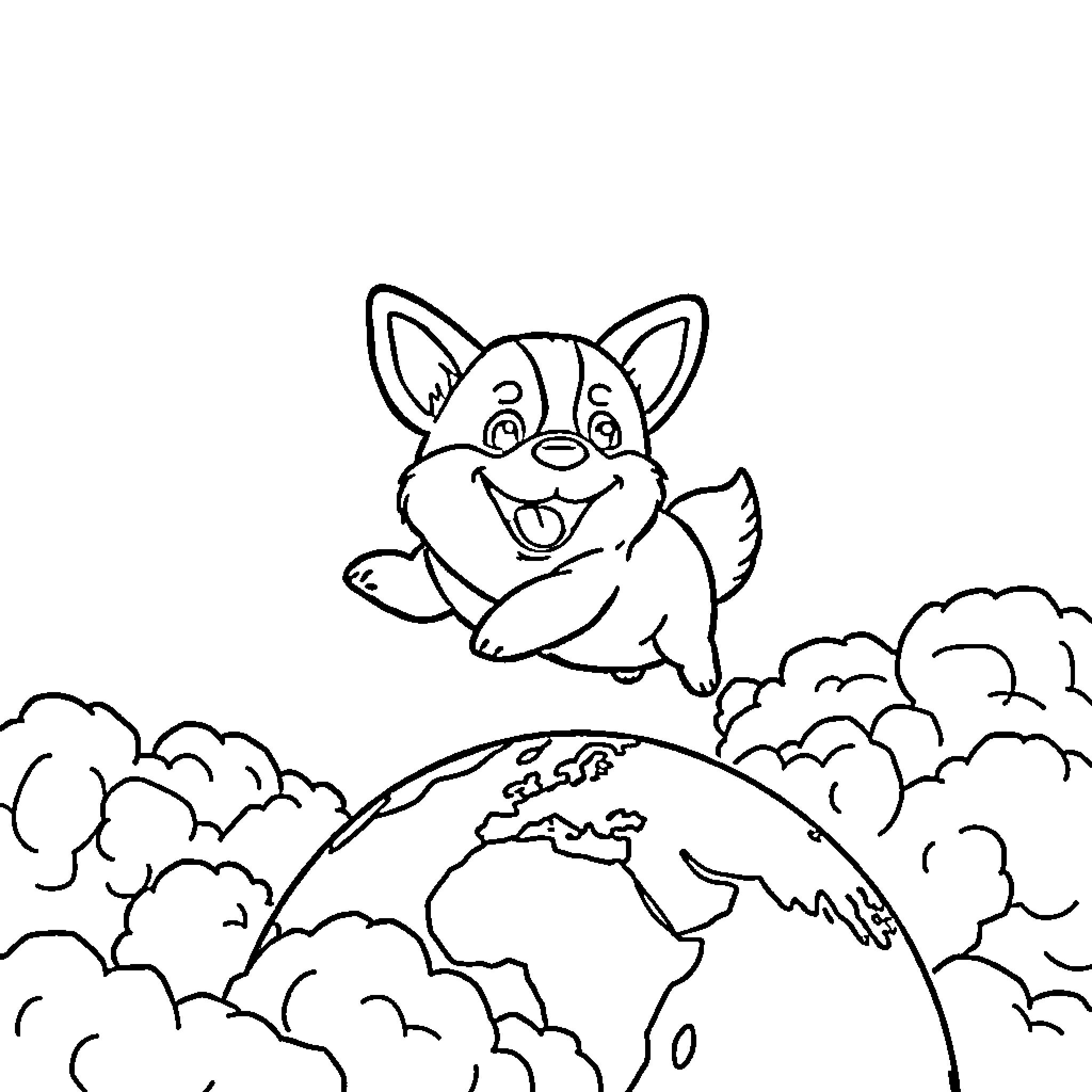 Corgi jumping excitedly on a globe Coloring Page (free black-and-white line drawing printable PDF for all, from beginners to advanced learners, including children, teens, adults, and seniors)