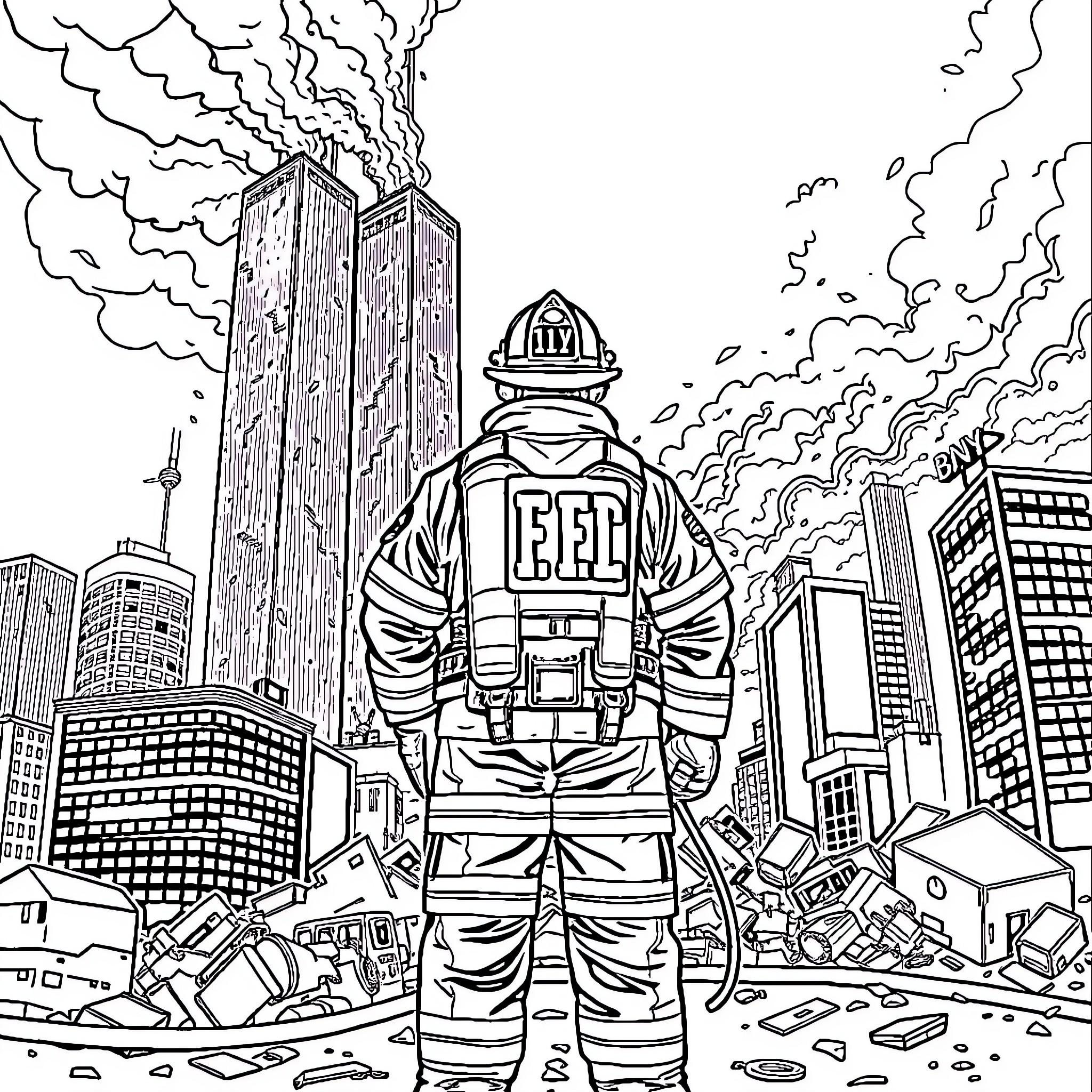 Fireman heroically battles blazing skyscrapers in disaster scene Coloring Page (free black-and-white line drawing printable PDF for all, from beginners to advanced learners, including children, teens, adults, and seniors)