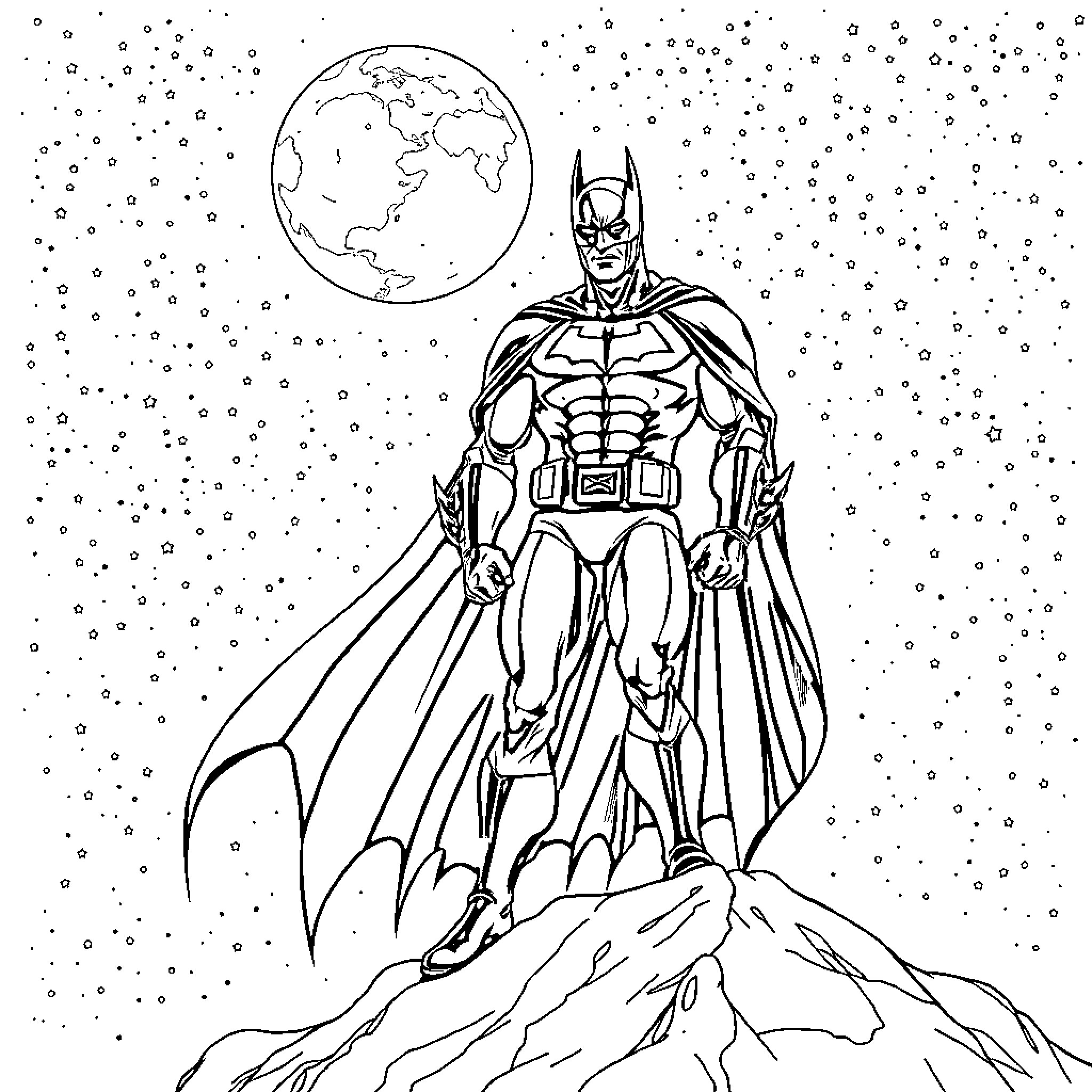 Batman gazing upon the night sky and planet Earth Coloring Page (free black-and-white line drawing printable PDF for all, from beginners to advanced learners, including children, teens, adults, and seniors)