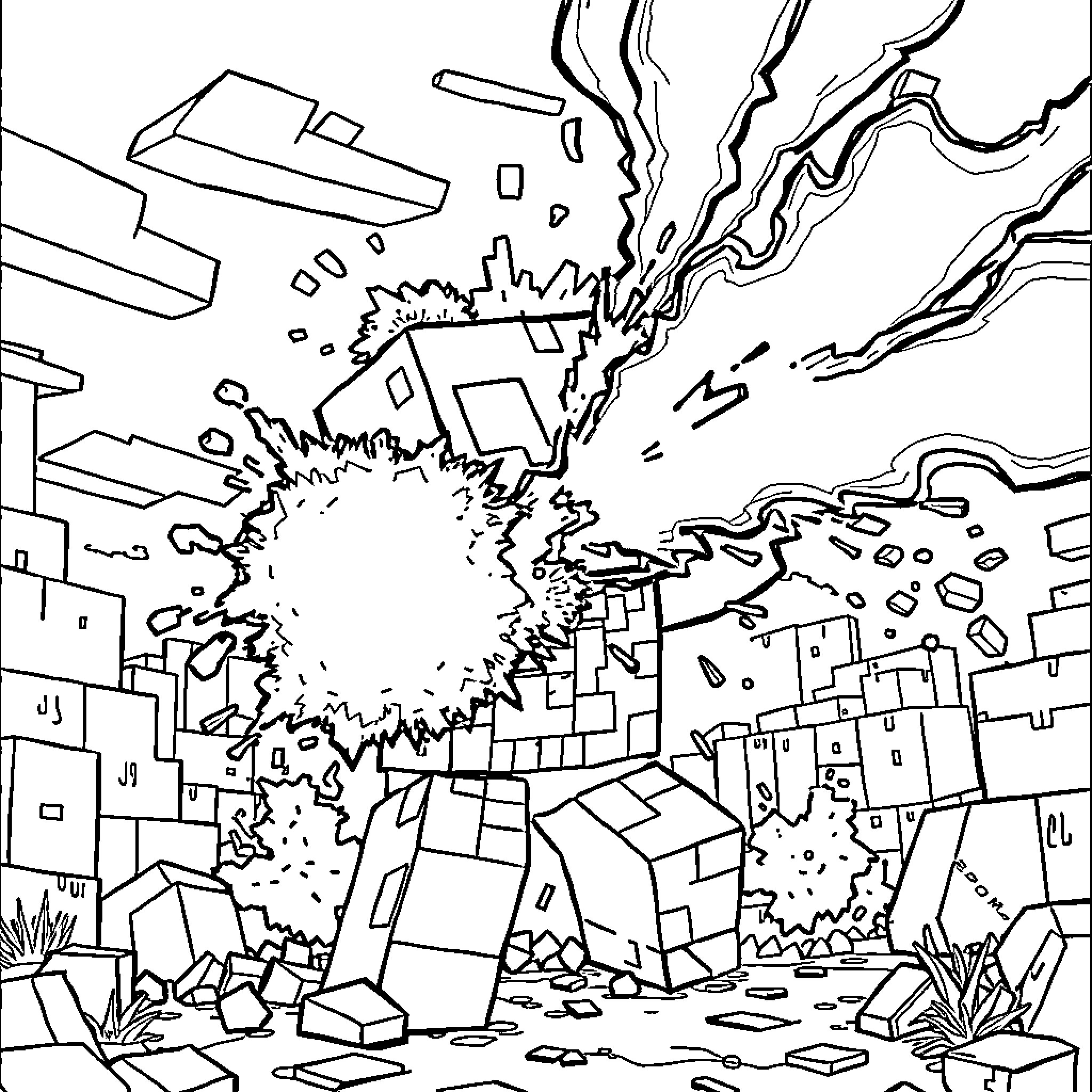 Creeper explosion in the urban landscape Coloring Page (free black-and-white line drawing printable PDF for all, from beginners to advanced learners, including children, teens, adults, and seniors)