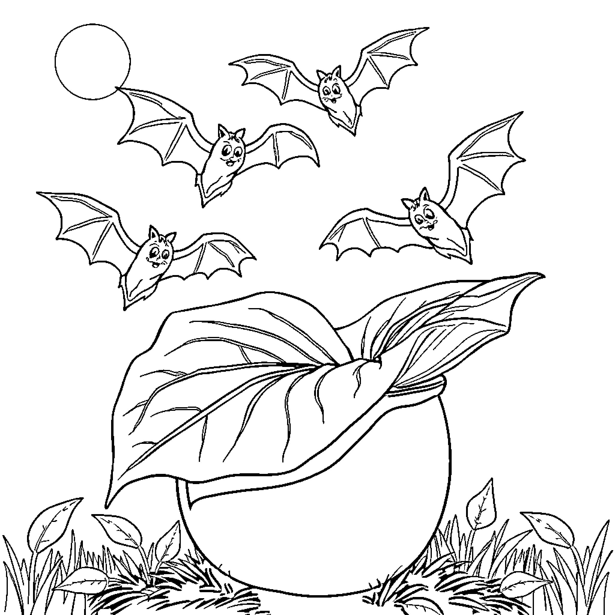 Bats flying and resting on a leaf Coloring Page (free black-and-white line drawing printable PDF for all, from beginners to advanced learners, including children, teens, adults, and seniors)