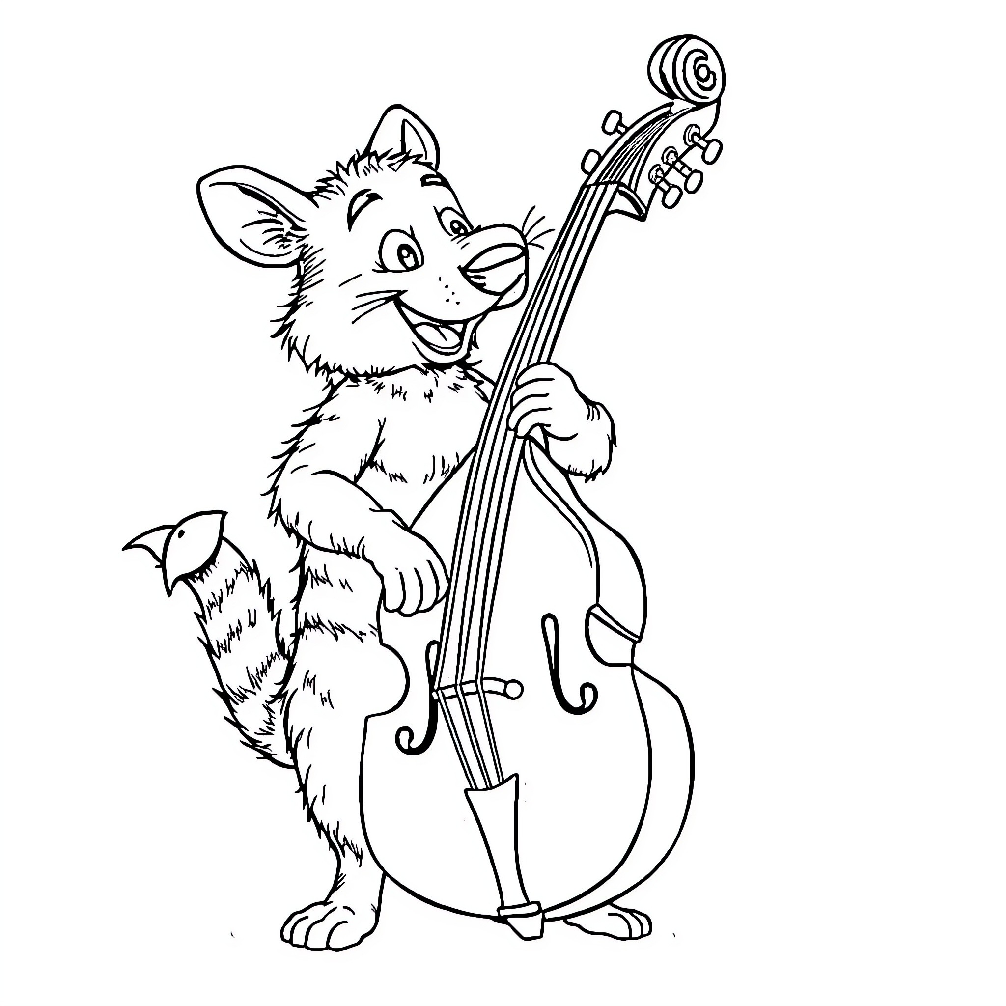 Animal playing cello joyfully Coloring Page (free black-and-white line drawing printable PDF for all, from beginners to advanced learners, including children, teens, adults, and seniors)